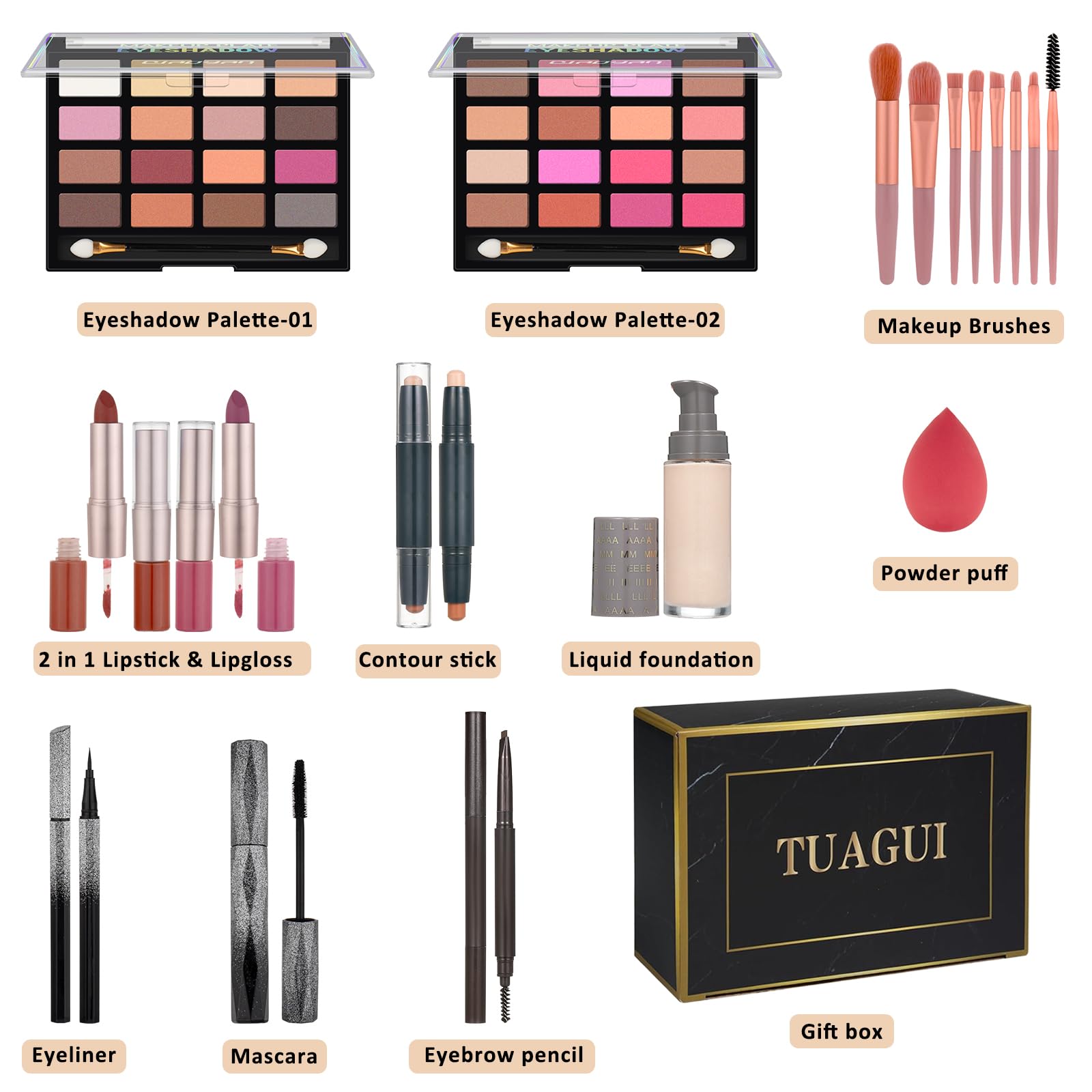 All In One Makeup Kit For Women Full Kit, Includes Eyeshadow,Foundation,Eyeliner,Mascara,Eyebrow Pencil,Contour Stick, Makeup Br