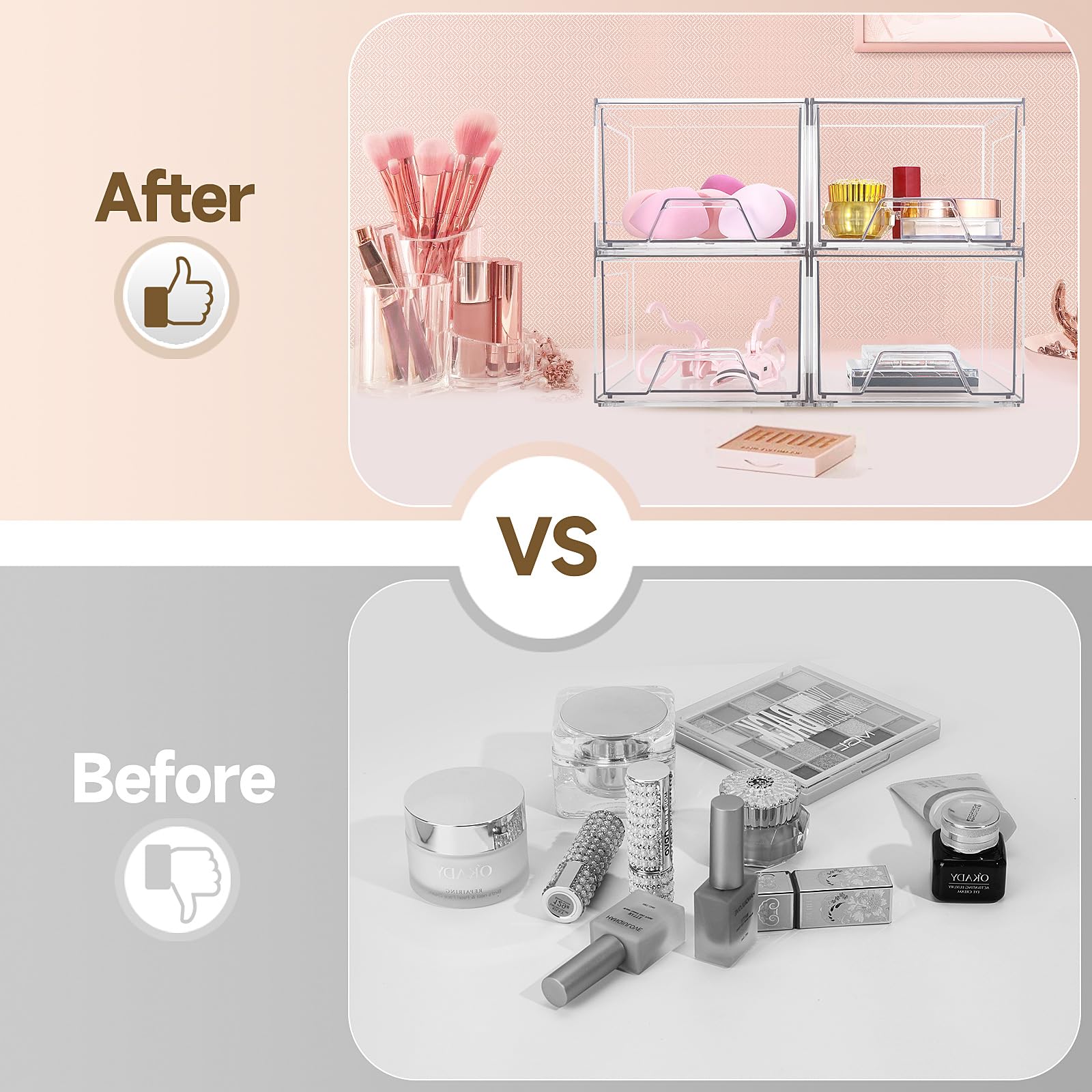 Damomo 4 Pack Stackable Organizer Drawers, Clear Bathroom Makeup Organizer And Storage, Acrylic Plastic Organizers Bins For Vani