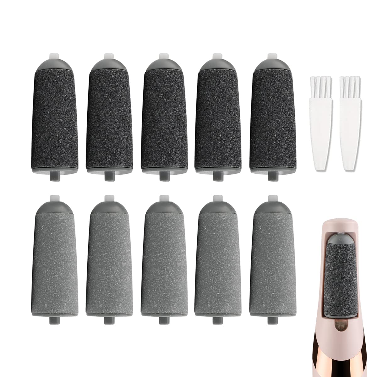 10 Pack Replacement Rollers Compatible with Finishing Touch Flawless Pedi Electric Tool File Include 2 Cleaning Brush (5 Black C