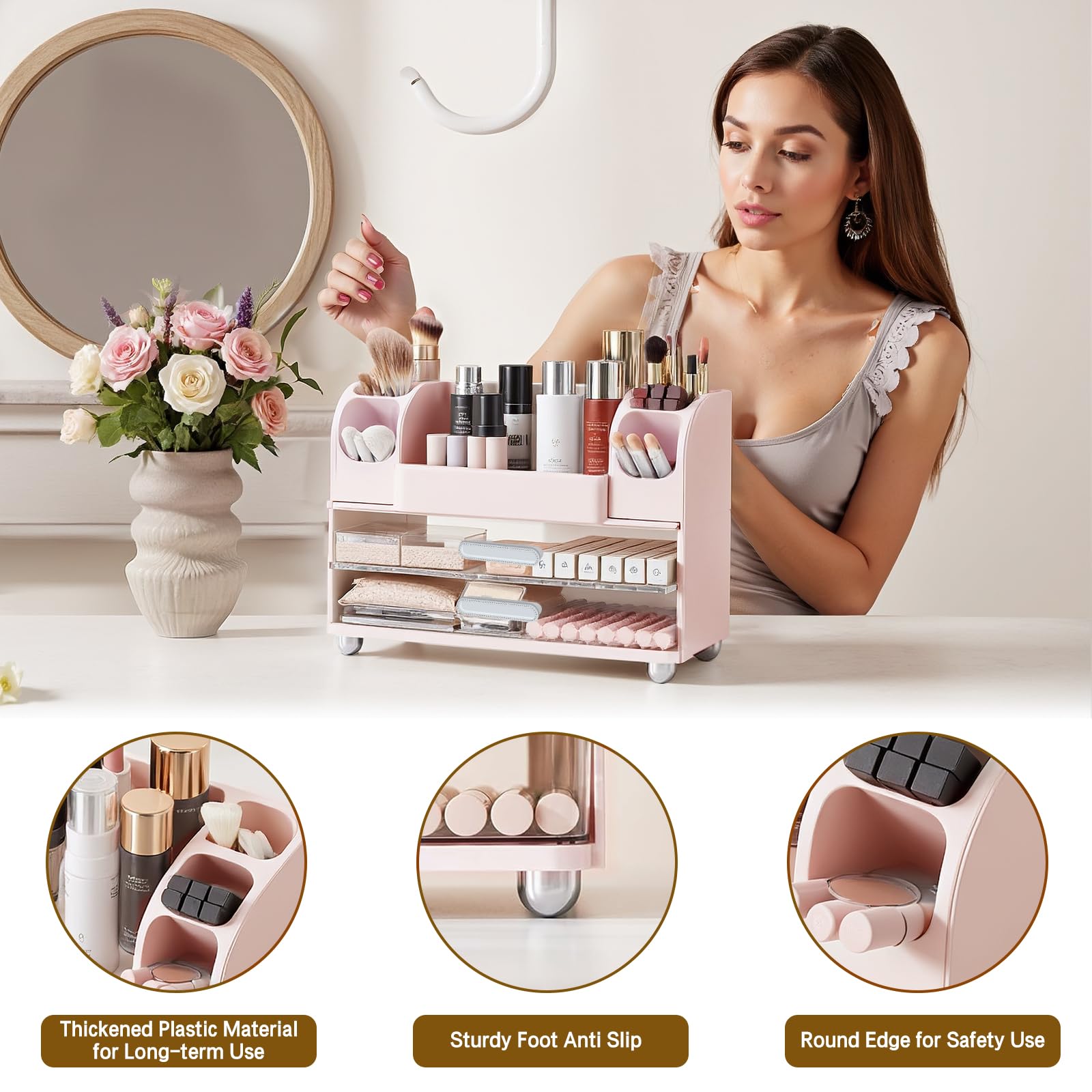 Makeup Organizer for Vanity Countertop with 2 Large Drawers, Spacious Display Cabinet, Partitioned Top Compartment 6 Brush Holde
