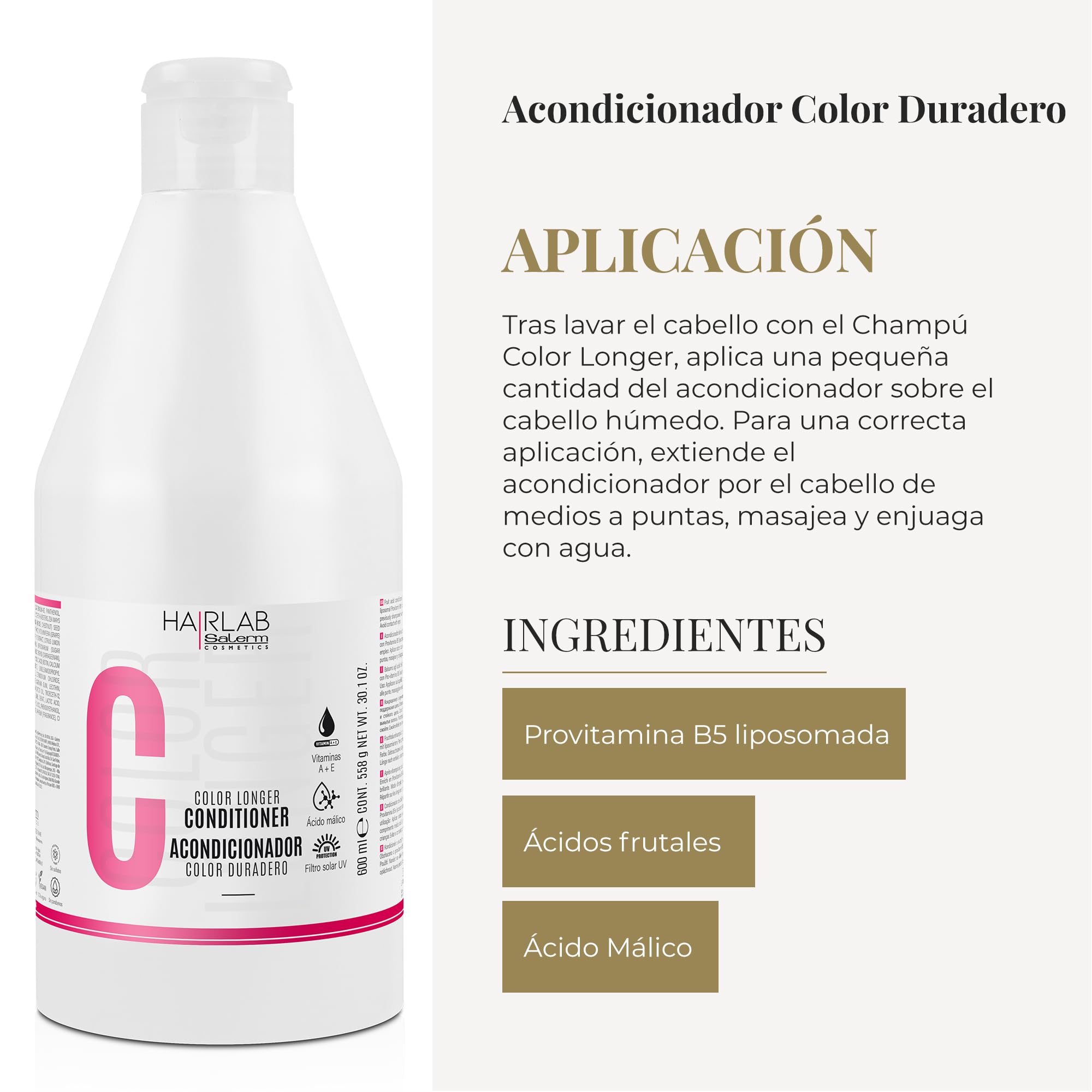 SALERM - Dyed Hair Conditioner - Color Longer Hair Lab - 600 ml - with Provitamin B5 and Vitamins A and E - Seals and Maintains