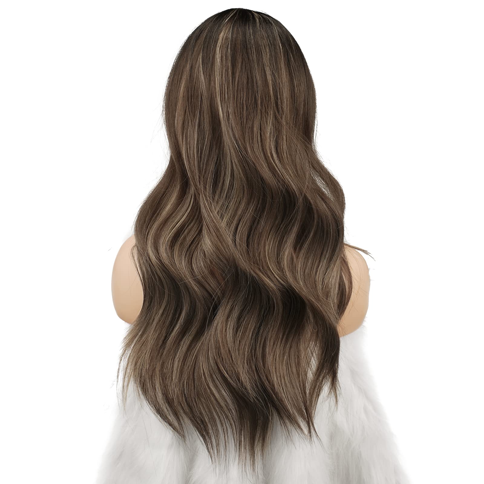 Feshfen Long Brown Blonde Wavy Wig, Long Wavy 22 Inch Middle Parting Wig For Women Natural Wavy Heat Resistant Synthetic Wig For