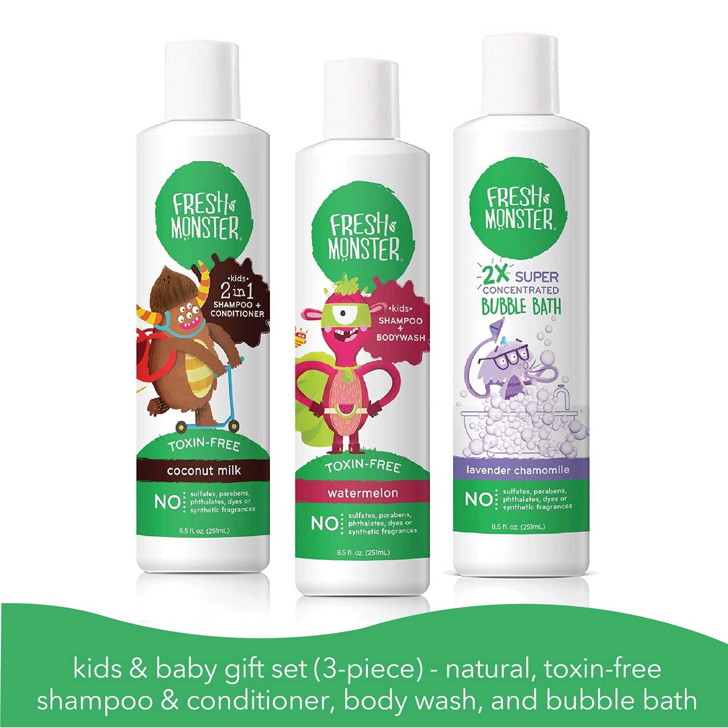 Fresh Monster Kids & Baby Gift Set, Natural, Toxin-Free Shampoo & Conditioner, Body Wash, And Bubble Bath (3 Piece Set, 8.5Oz/Ea