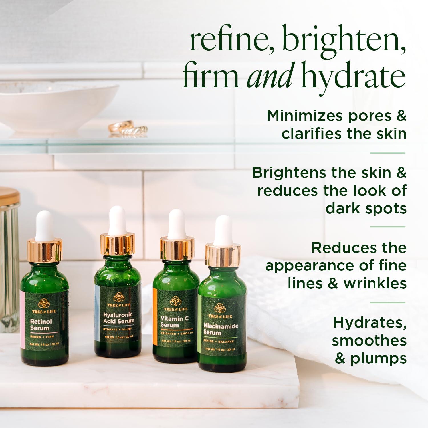 Tree of Life Beauty Facial Skin Care Set, Brightening, Firming, Hydrating, Dry Face, Dermatologist Tested - Niacinamide + Vitami