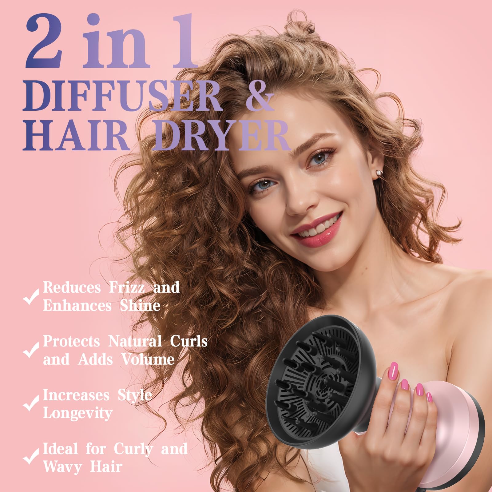 2 In 1 Diffuser Hair Dryer For Curly Hair: Portable 1875W Ionic Hair Dryer W/Diffuser & Comb Nozzle Attachment, Enhances Curl Wa