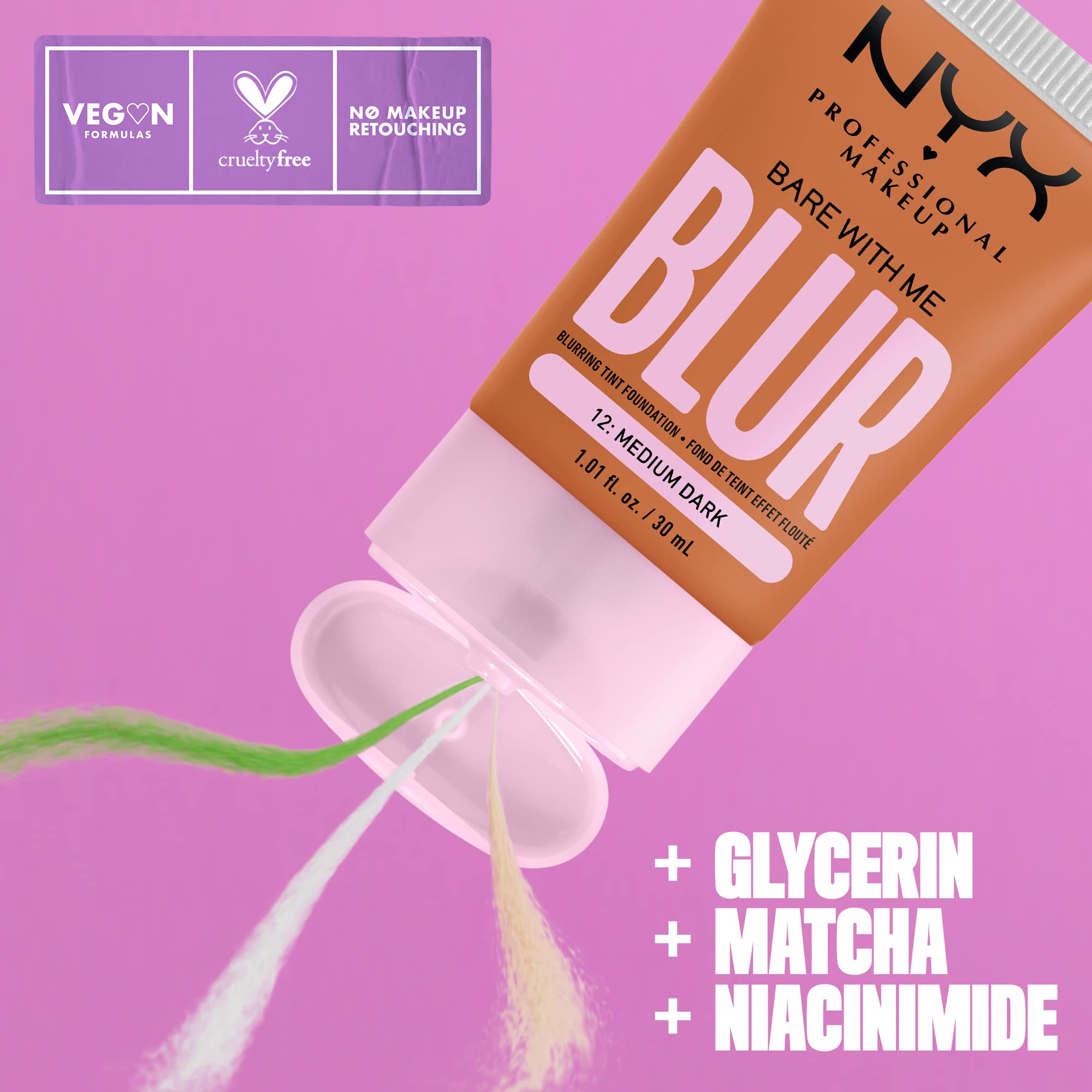 NYX PROFESSIONAL MAKEUP Bare With Me Blur Skin Tint Foundation Make Up with Matcha, Glycerin & Niacinamide - Medium Dark