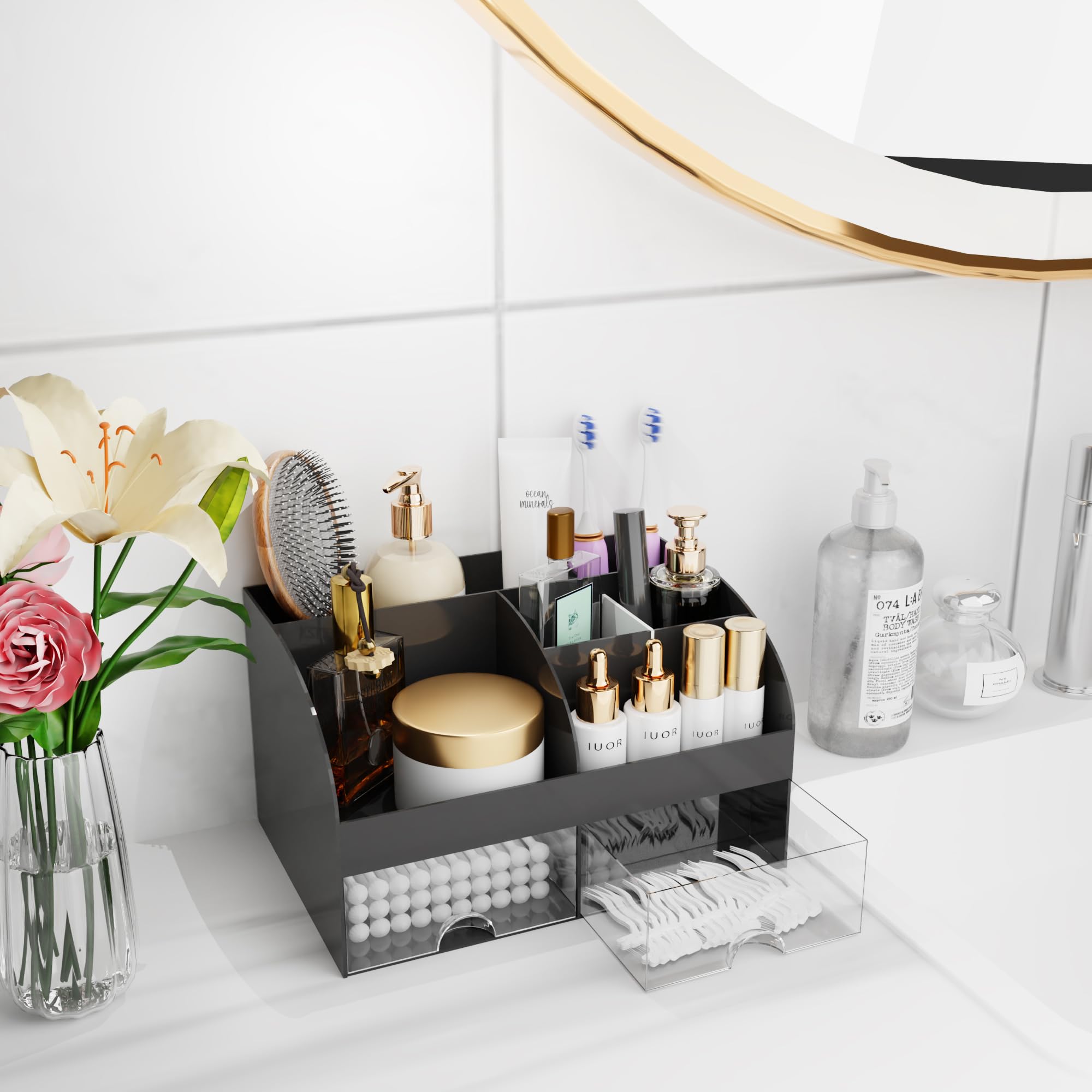 Makeup Organizer With Drawers, Cosmetic Storage For Dresser Vanity And Bathroom Countertop, Beauty Holder For Lipstick Brush, Sk