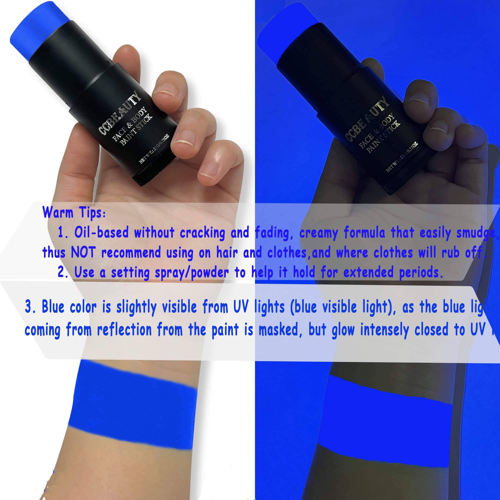 Ccbeauty Halloween Neon Uv Blue Face Body Paint Stick Oil, Royal Eye Black Face Painting Kit Glow In The Black Lights Makeup, Cr