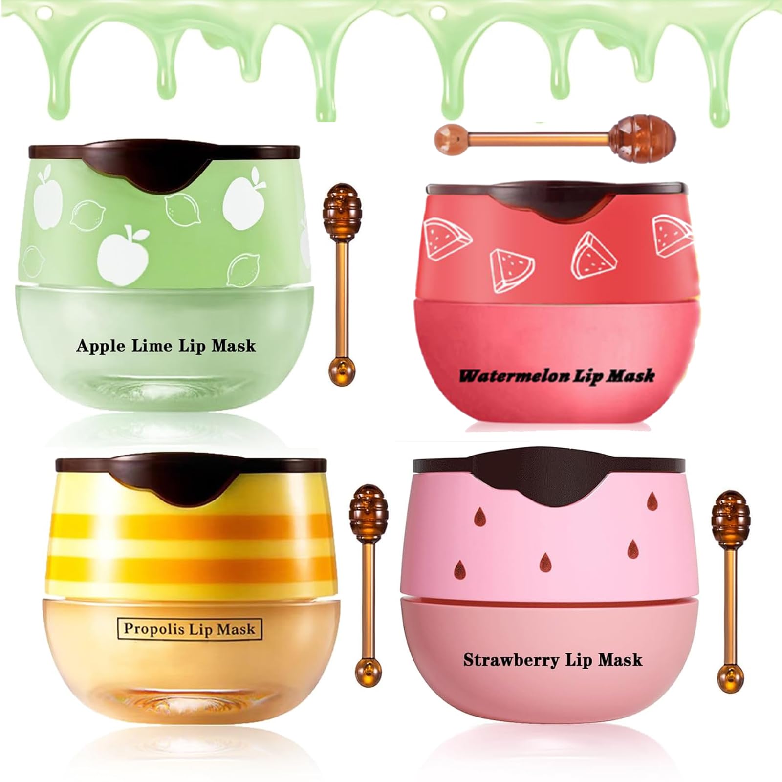Bee Lip Balm Honey Pot, Honey & Strawberry & Watermelon&Lime Lip Mask Overnight Moisturizing Lip Sleep Mask With Stick Hydrating