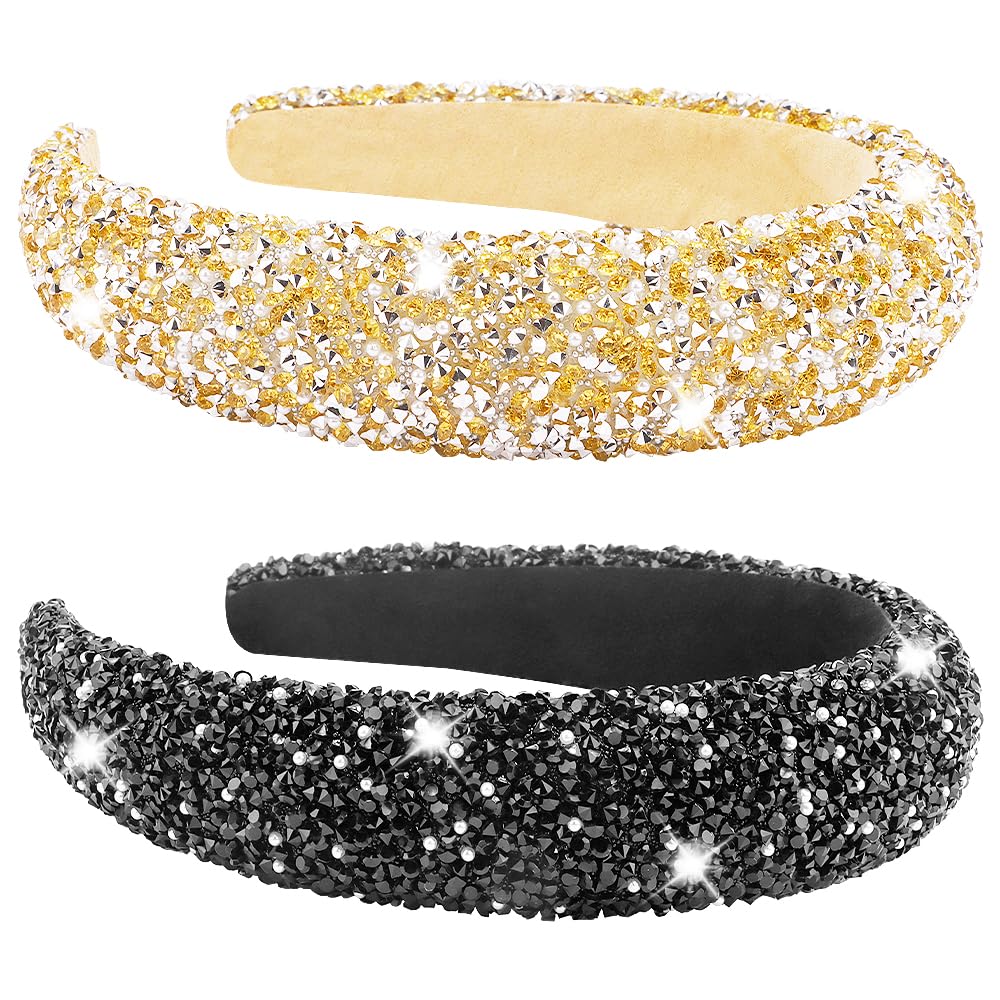 AHONEY 2 Pack Rhinestone Headband Women Thick Padded Headband, Sequin Beaded Pearls Head Band Glitter Cute Headband Birthday Pro