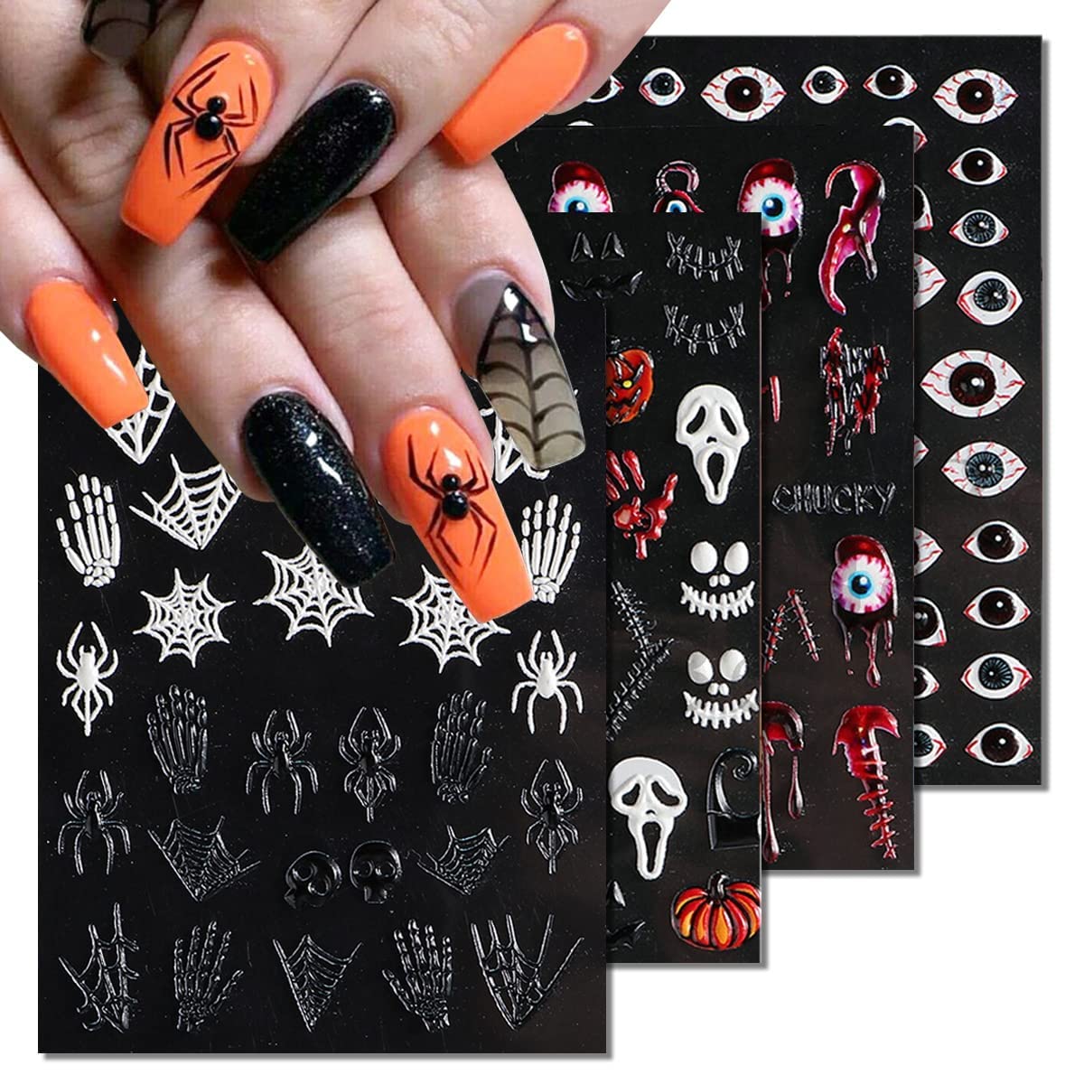 Halloween 5D Nail Stickers Skull Pumpkin Head Nail Art Supplies Nail Art Decoration (Halloween A)