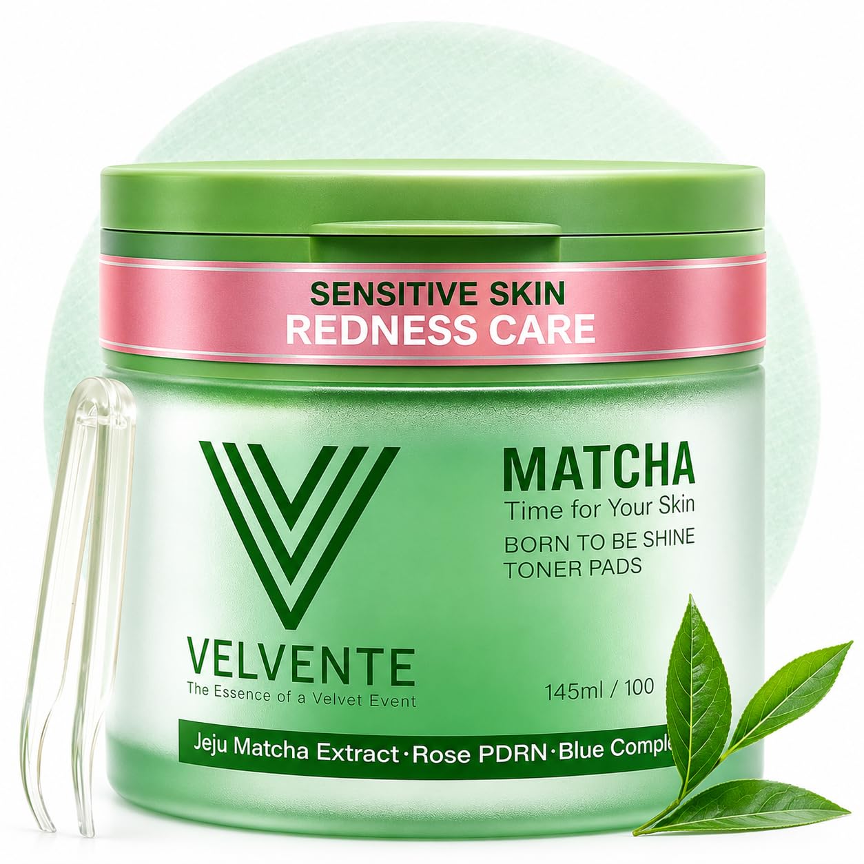 VELVENTE Matcha Toner Pads for Sensitive Skin, 100 Pads with Rose PDRN, Matcha & Blue Complex | Gentle Korean Facial Pads for Re