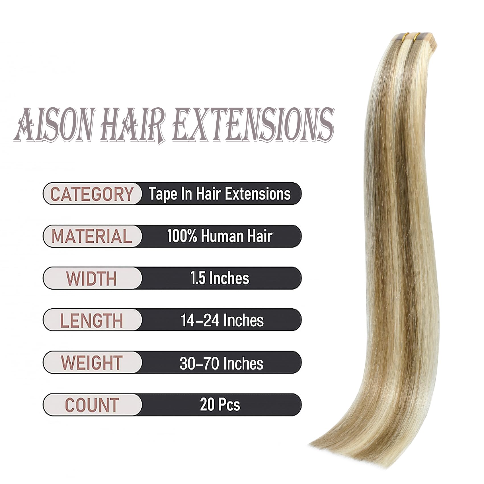 Aison Tape in Hair Extensions Ash Blonde Mixed Bleach Blonde 100% Remy Human Hair Extensions Silky Straight for Women 20 Pcs/Pac