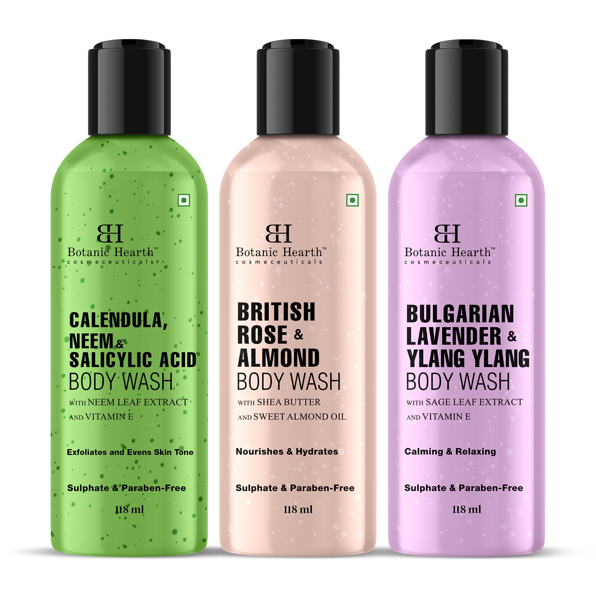 Botanic Hearth Body Wash Set Of 3 - British Rose, Neem & Lavender | Hydrating & Purifying Shower Gel | Deep Cleansing, Refreshin
