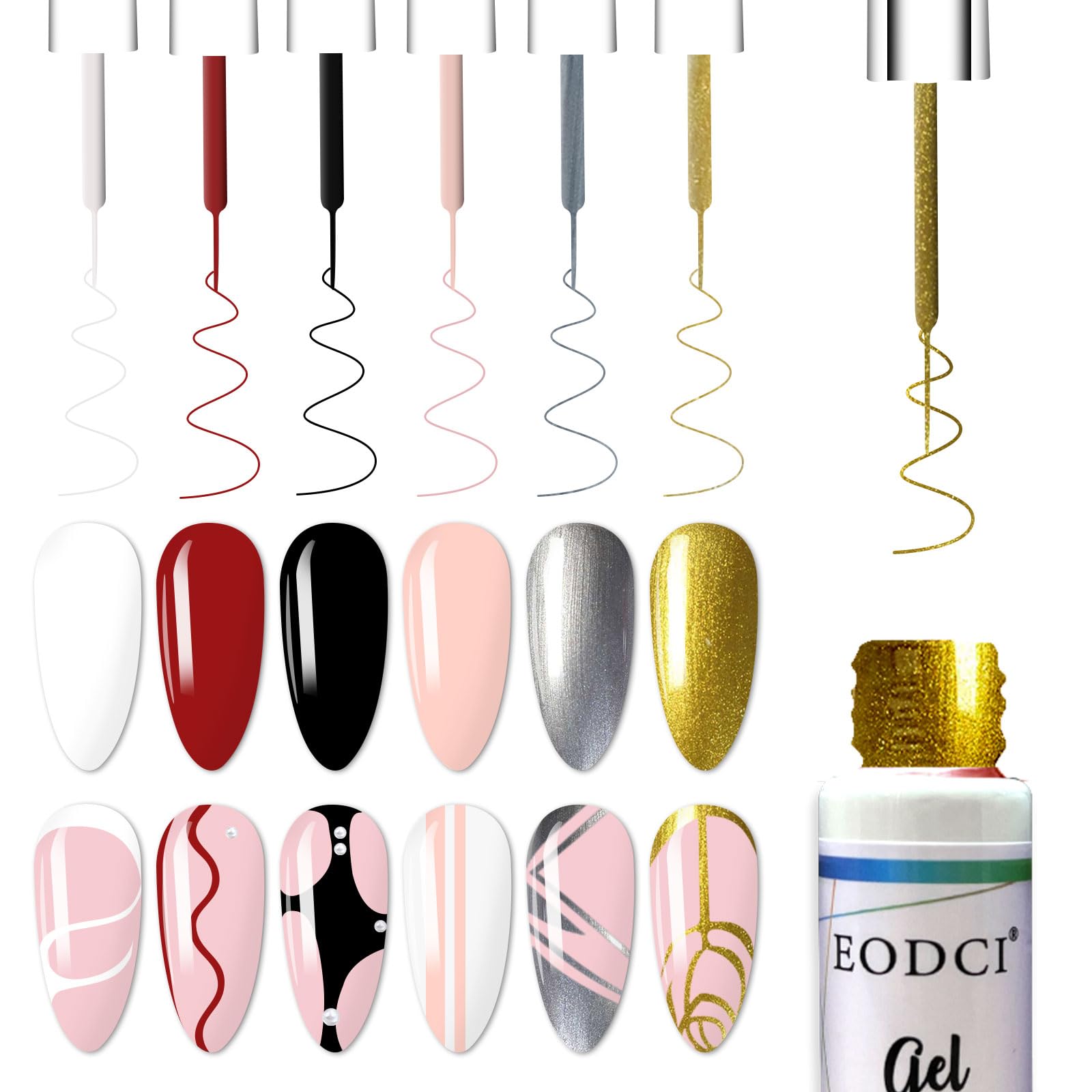 eodci Gel Liner Art Polish Set 10ml, 6 Colors Black White Red Pink Glitters Gold Silver, Nail Polish Paint Swirl Built Thin Brus