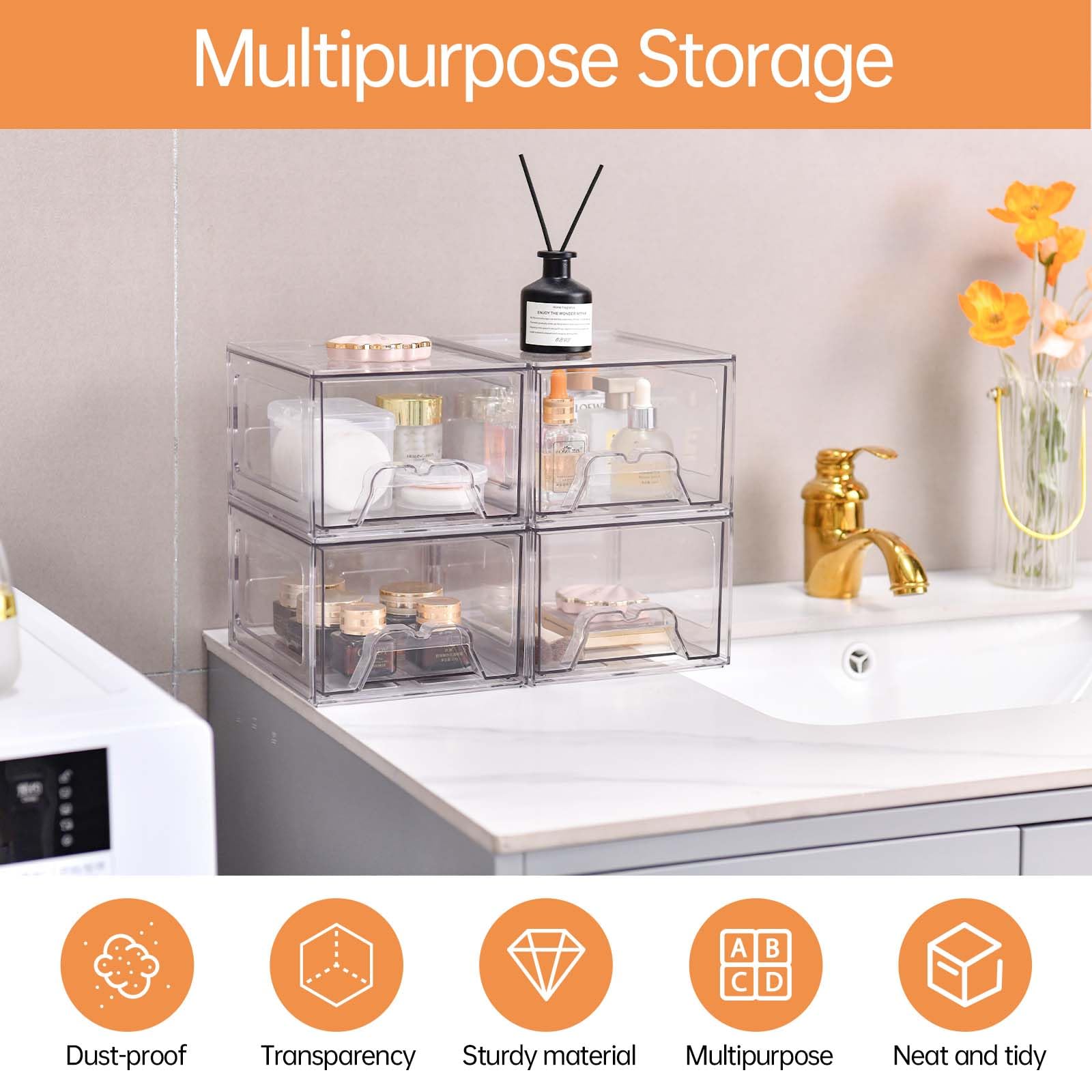 Stebopum 4 Pack Stackable Makeup Organizer, 4.4'' Tall Acrylic Bathroom Makeup Organizer And Storage Drawer With Pull-Out Handle