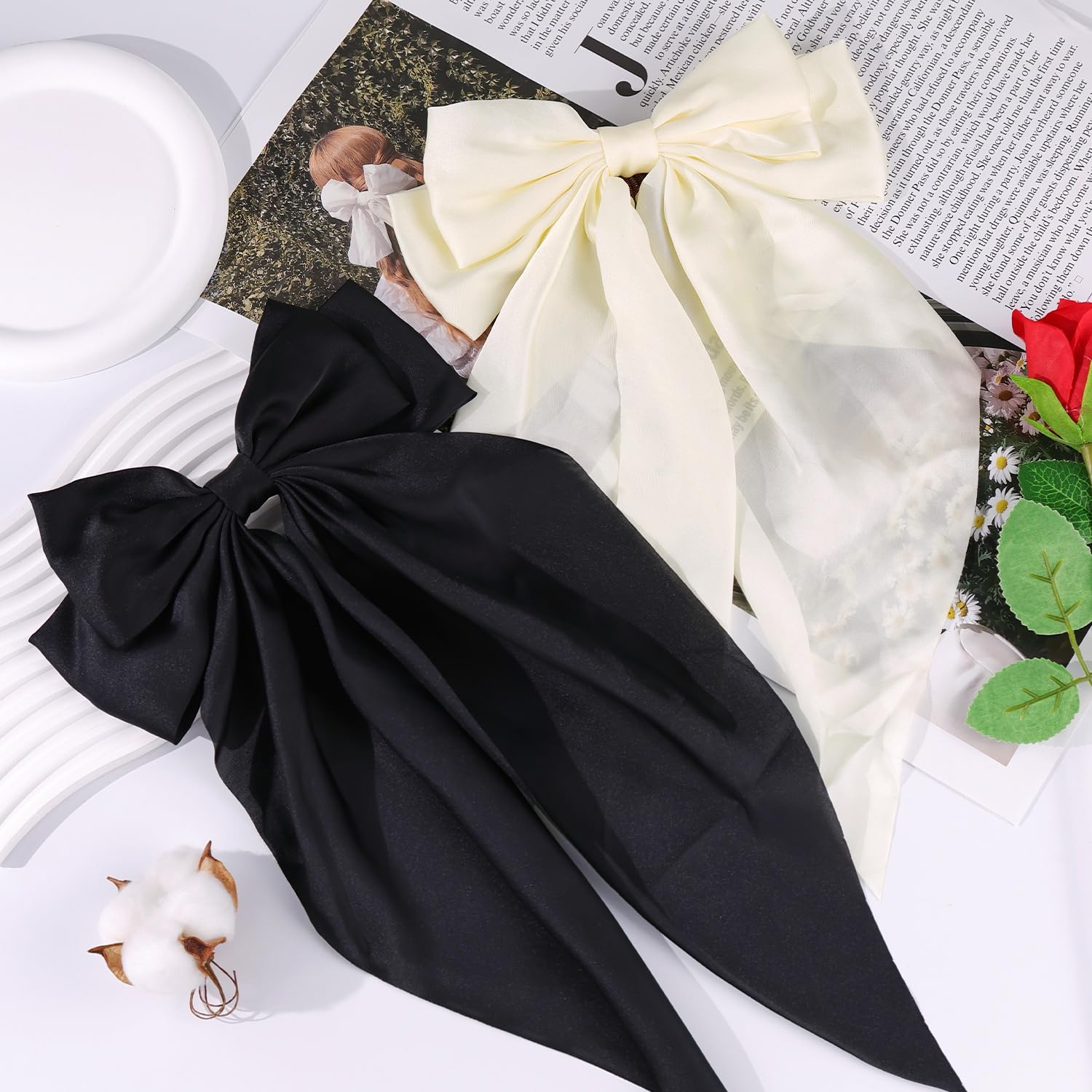 2 Pcs Silky Satin Big Hair Bows Ribbon Hair Barrettes Clip, Large Bow Hair Slides Metal Clips French Barrette OverSized Long Tai