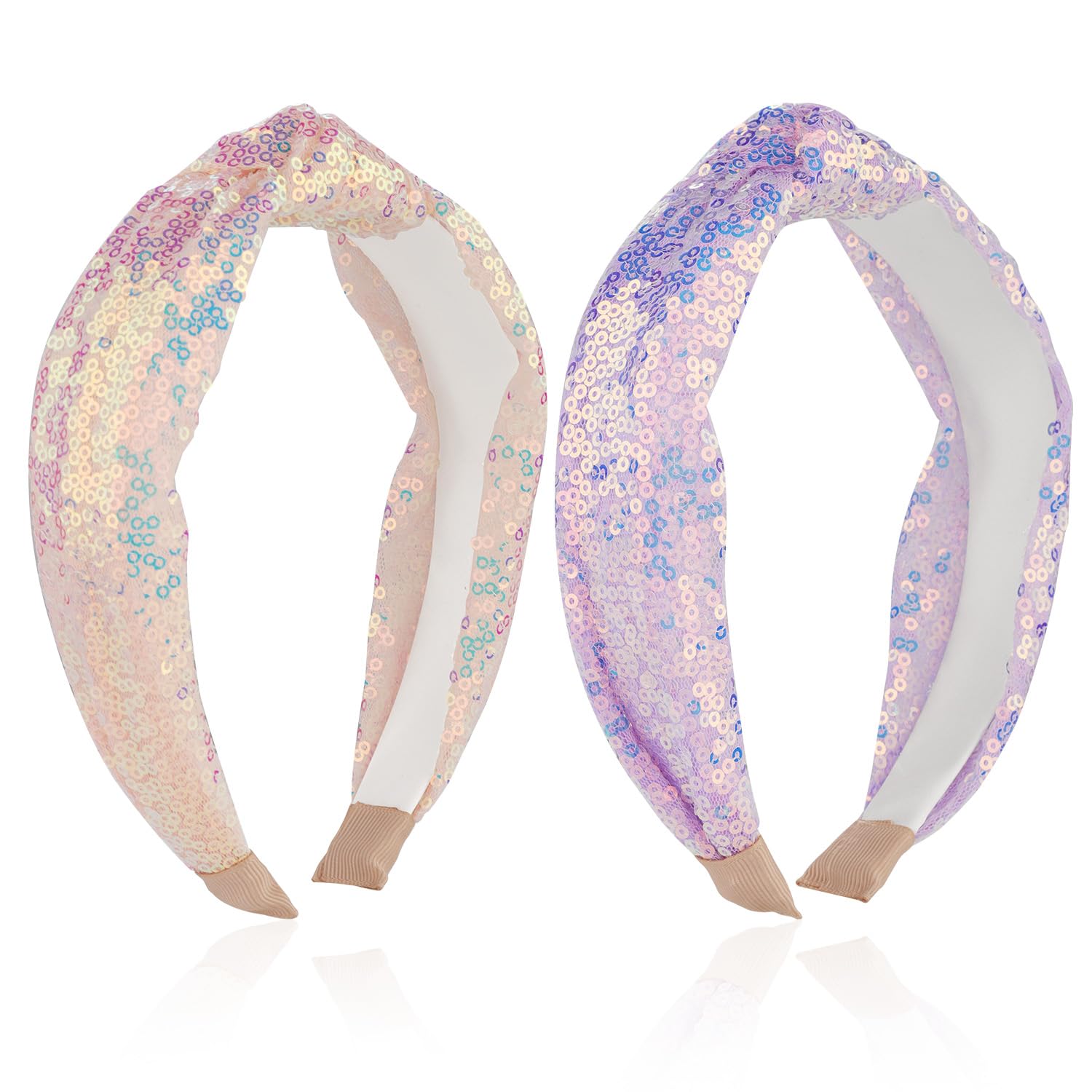 2pcs Sequin Headbands for Girls, Sparkly Glitter Sequin Knotted Headbands Elastic Shining Mesh Fabric Cute Sequin Hair Bands Spa