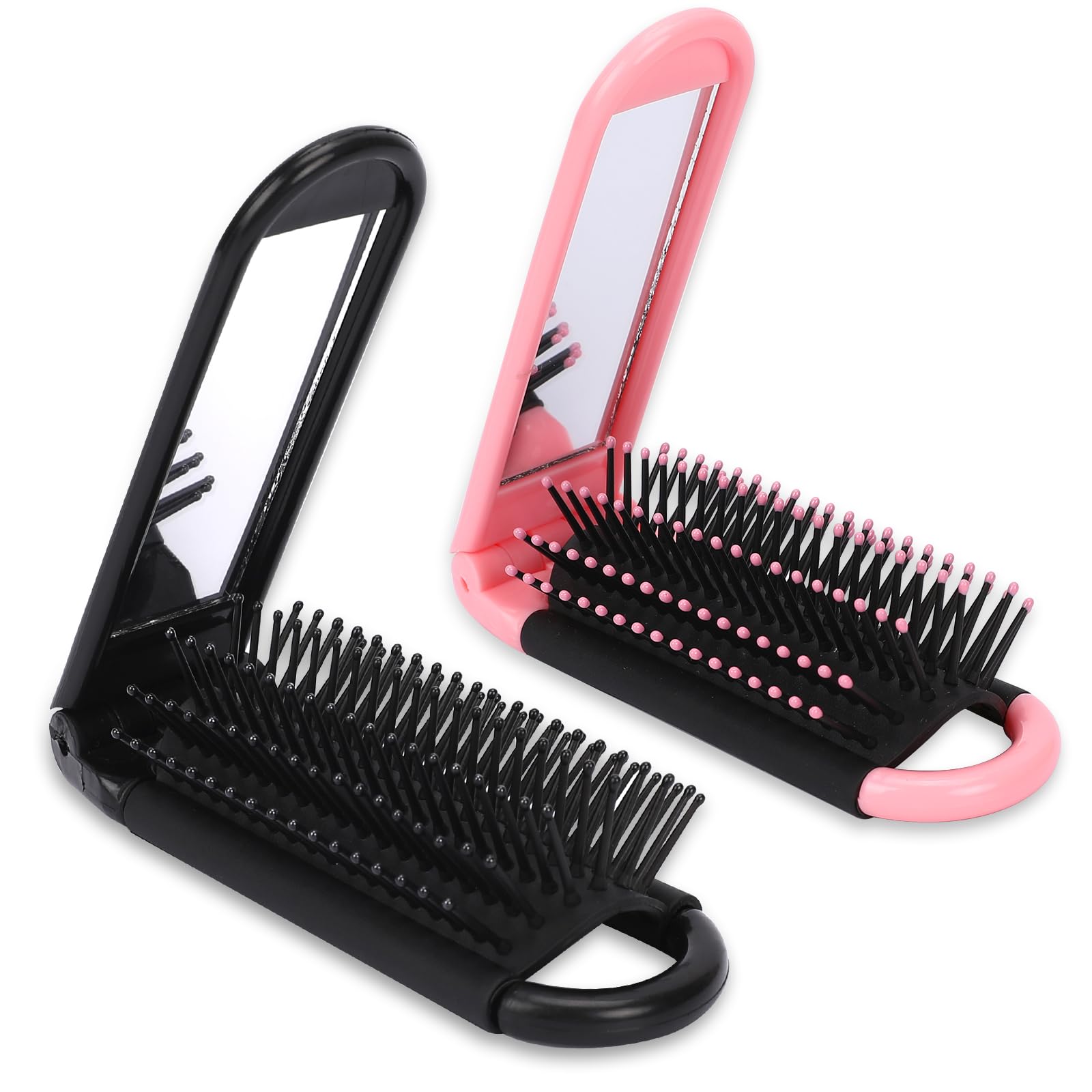Folding Travel Hair Brush With Mirror, Massage Comb, And Styling Tool - Compact 2 Pack (Black & Pink)