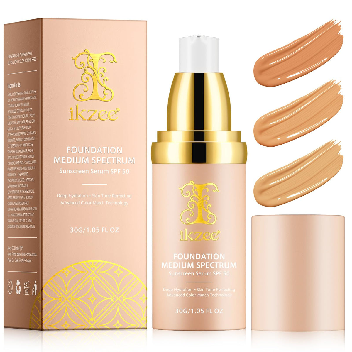 Foundation 4 In 1 - Medium Spectrum, Hypoallergenic Hydrating Coverage Concealer With Spf 50+, Longwearing Waterproof, For Daily