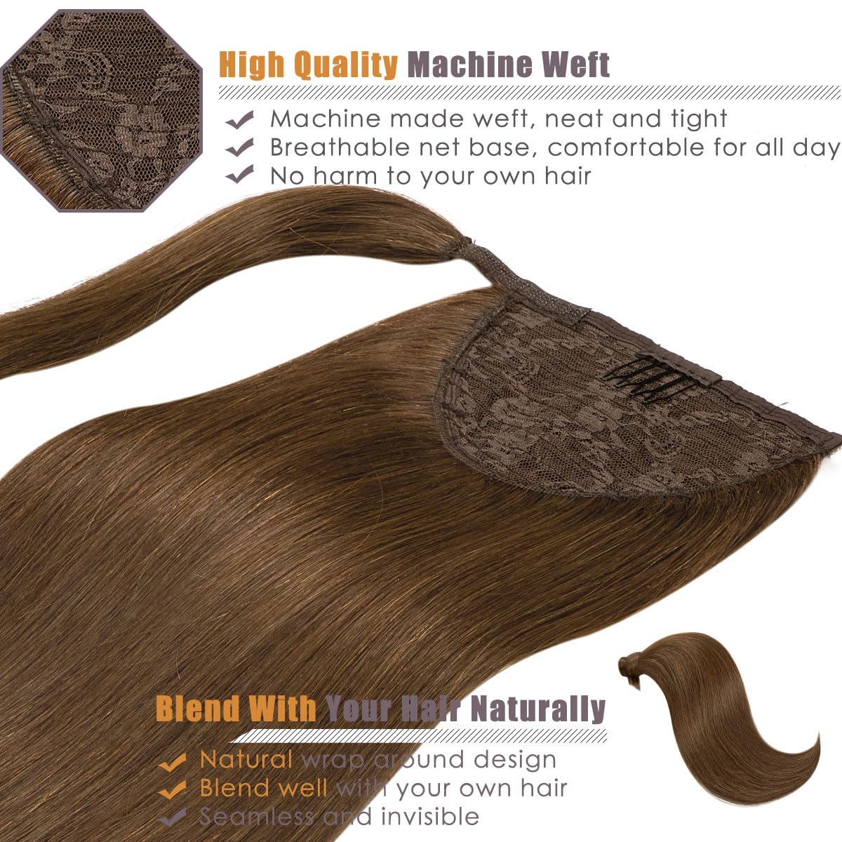 Lacer Brown Ponytail Extension Human Hair 20 Inch Long Natural Human Hair Ponytail Chocolate Brown Pony Tails Extensions Human H