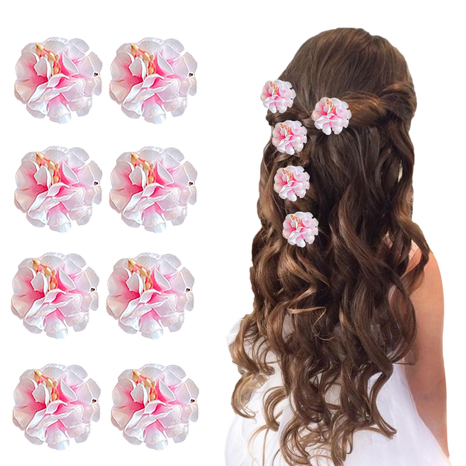 Paderison 8Pcs Pink Flower Hair Clips for Girls Small Hair Clips Mini Hawaiian Hair Clips Sweet Side Clips Chiffon Hair Barrette