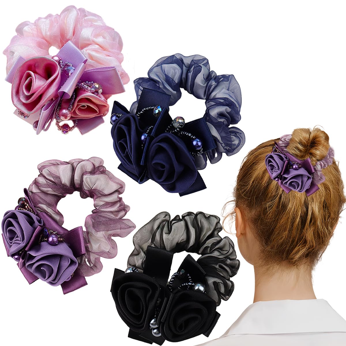 Ainvhh 4 PCS Rose Flower Lace Hair Scrunchies Ties Elastics Bands Hairbands Ponytail Holders Floral Headbands Stretchy Elastic H