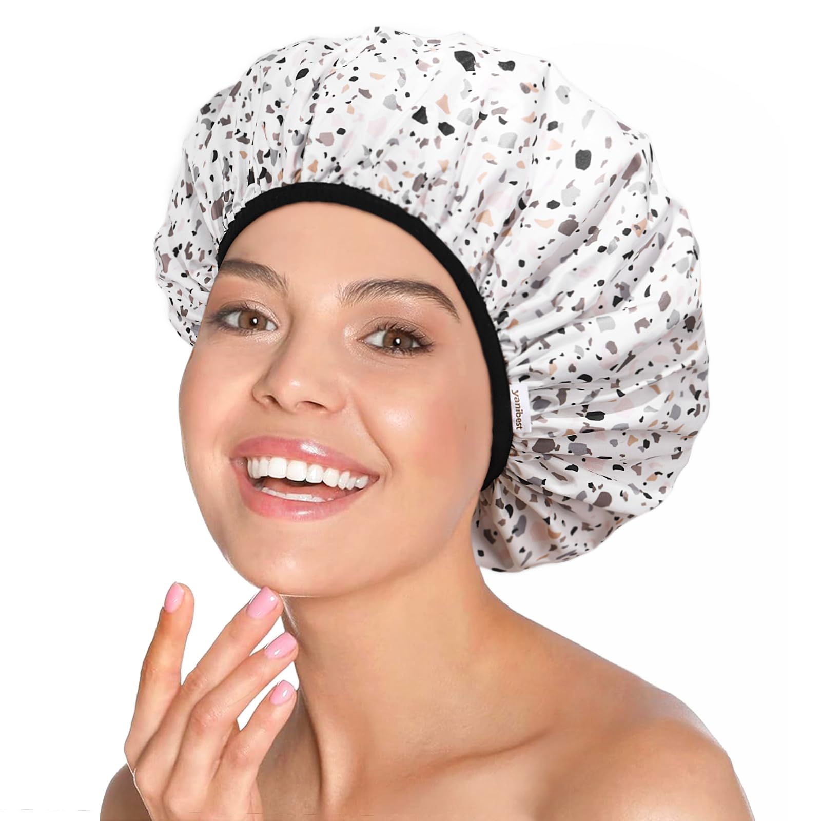 Yanibest Waterproof Shower Cap for Women, Reusable Non-Slip Double Layer Shower Cap for Most Hair Types, One Size