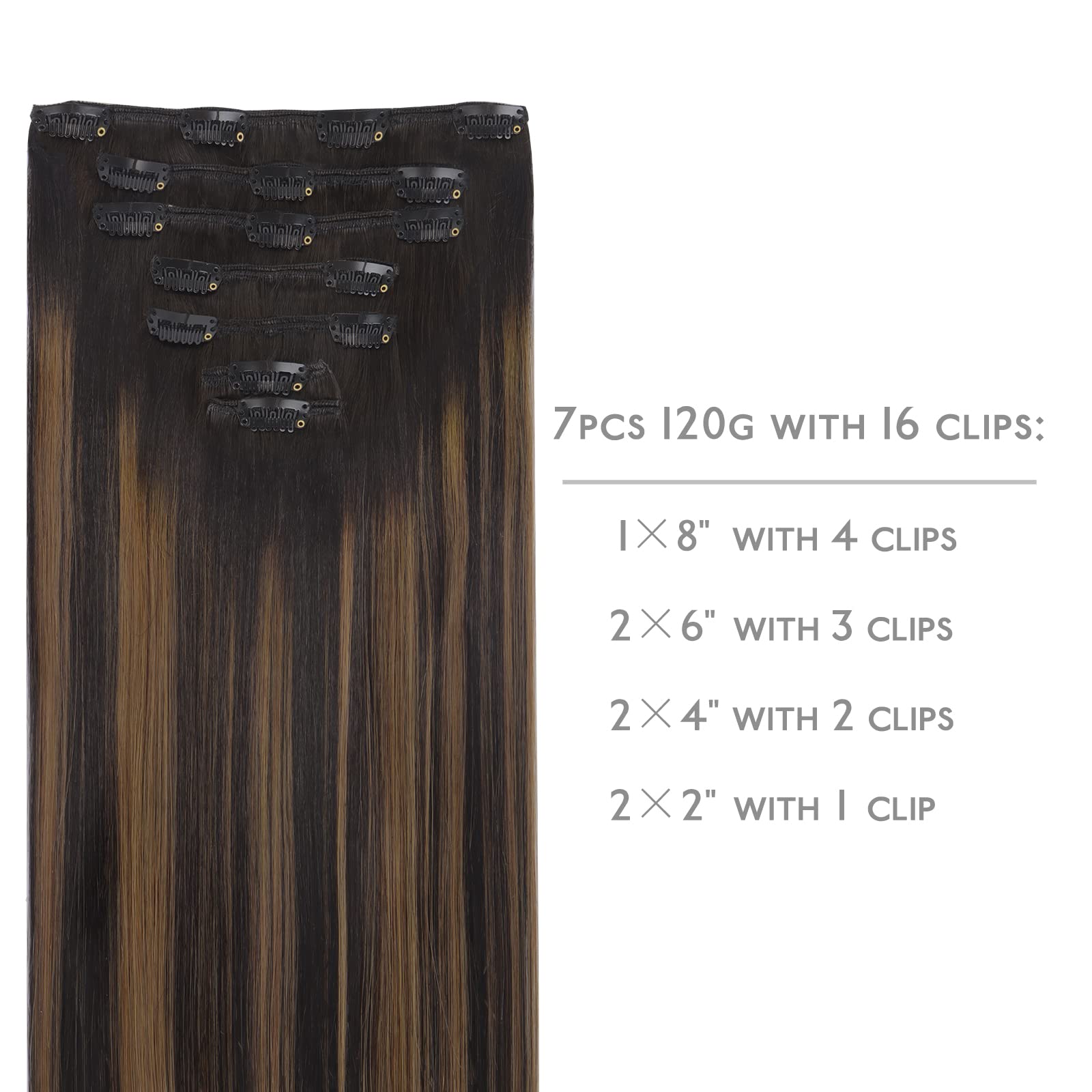 Wennalife Clip In Human Hair Extensions, 16 Inch 120G 7Pcs Natural Black To Chestnut Brown Balayage Hair Extensions Clip In Huma