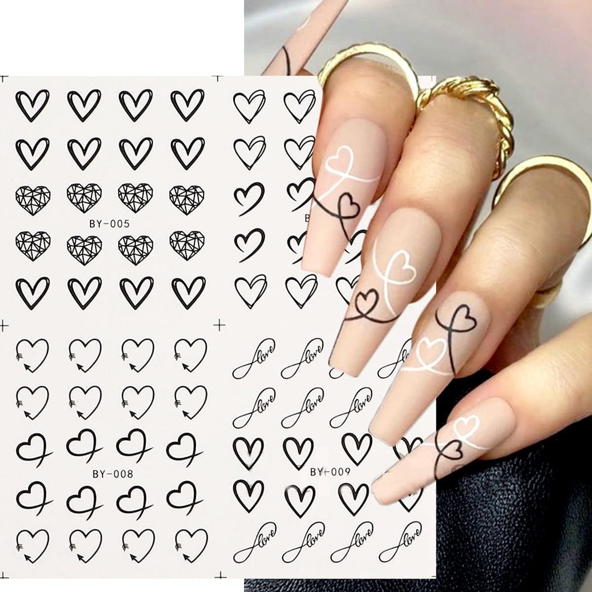 Valentine'S Day Nail Art Stickers Black White Heart Water Transfer Nail Decals Flowers Cupid Hollow Heart Romantic Design Nail A