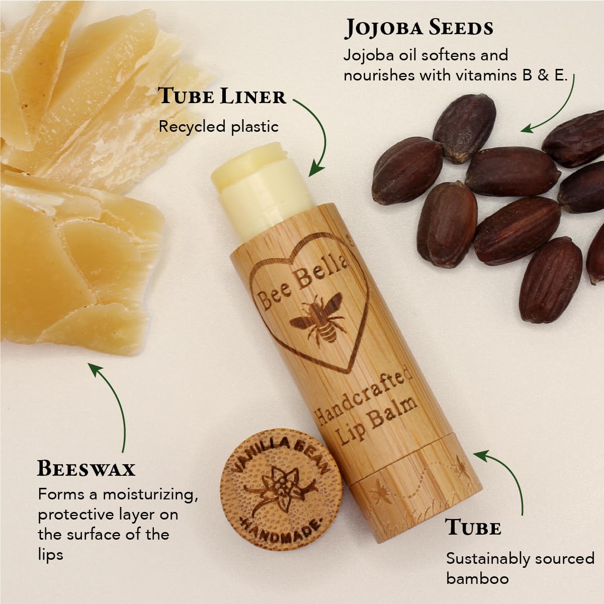 Bee Bella Lip Balm, Vanilla Bean, 3 Pack - Hydrating, Moisturizing Lip Care, 100% Natural, Original Organic Beeswax With Vitamin