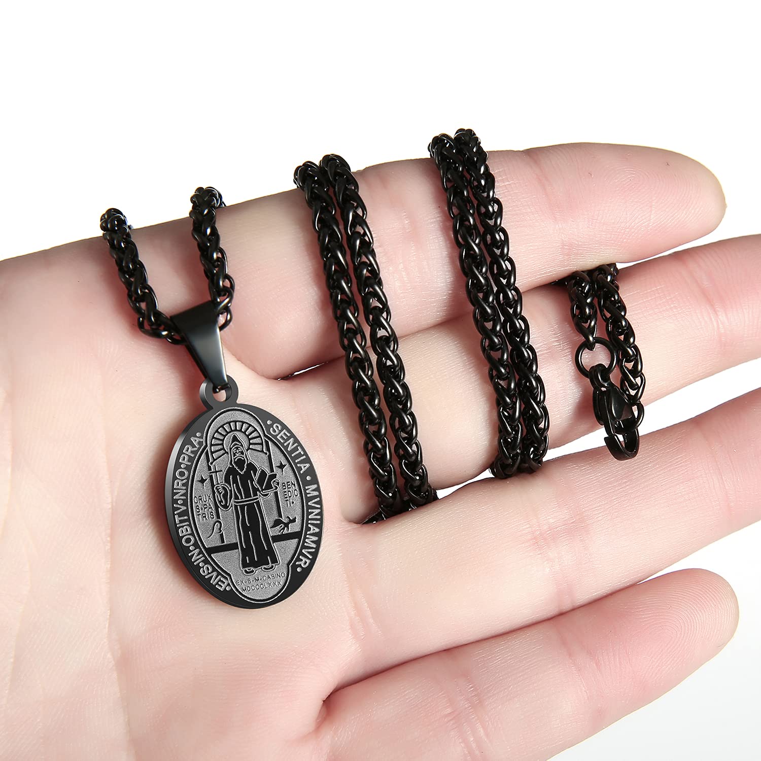 P. BLAKE Black St Saint Benedict Medal Necklace for Men, Stainless Steel Exorcism Catholic San Benito Medalla Religious Pendant