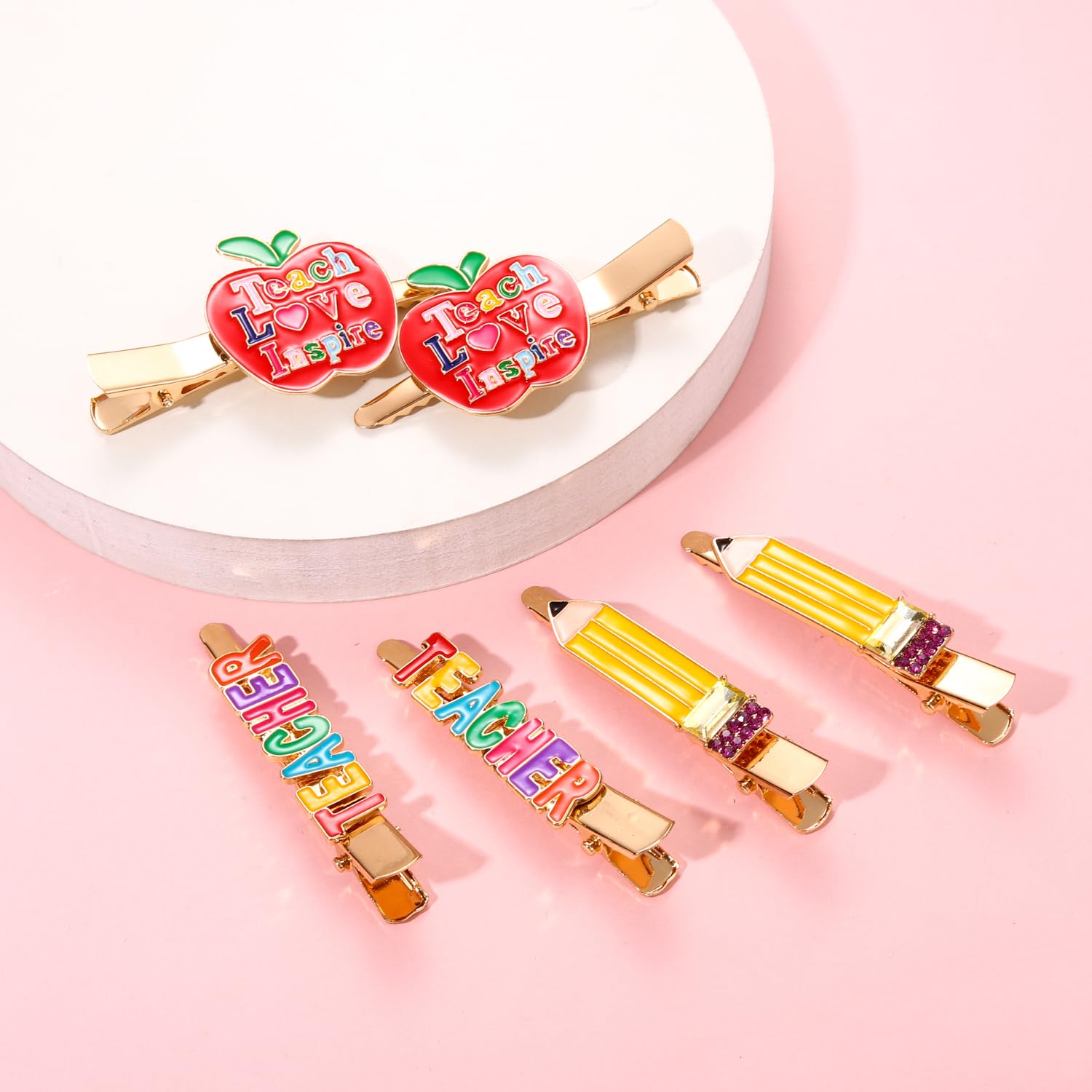 Hzeyn 6 Pack Teacher Hair Clips In Pencil, Teacher & Apple Designs - Rhinestone Embellished Hair Accessories For Back To School,
