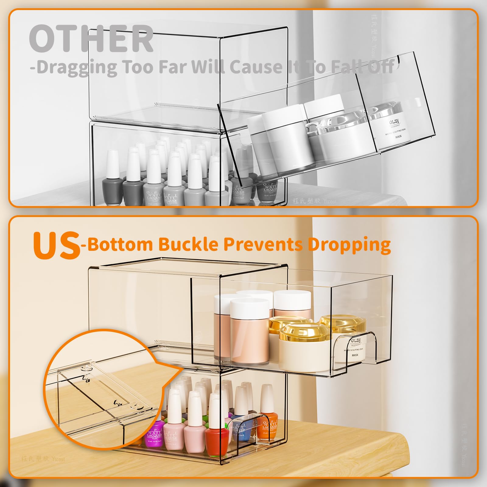 Yieach 2 Pack Clear Stackable Storage Drawers,4.4'' Tall Acrylic Drawer Containers for Organizing,Bathroom Organizers and Storag