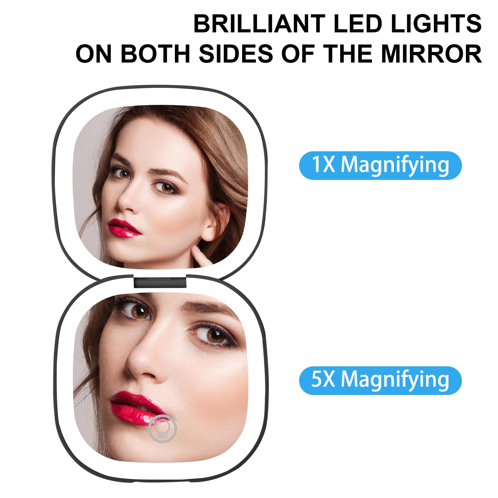 Infitrans Rechargeable Pocket Mirror, 1X/5X Magnification Led Compact Travel Makeup Mirror With Light In 3 Colors Mode, Purse Mi
