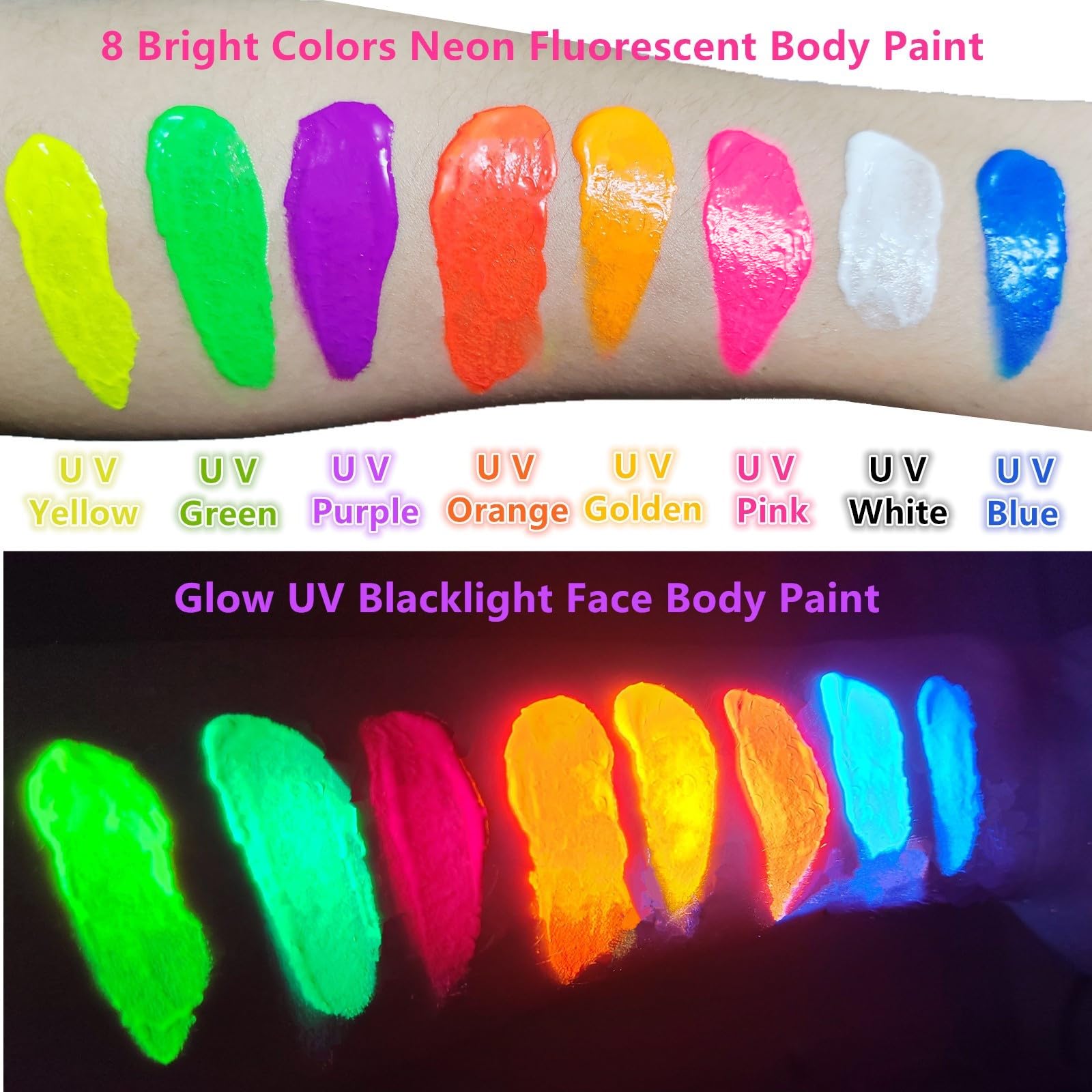 Go Ho Uv Blacklight Neon Hot Pink Face Body Paint,Water Based Bright Color Neon Fluorescent Body Paint With Cushion Applicator,G
