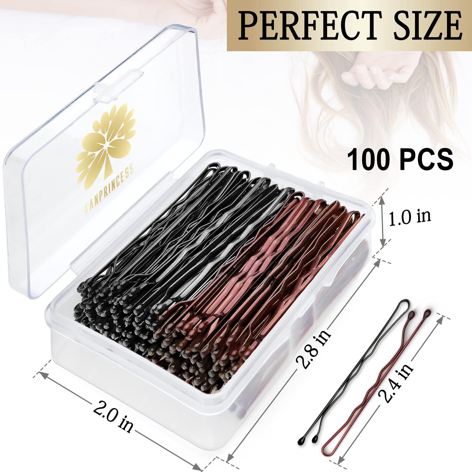 KANPRINCESS 100PCS 2.4Inch Bobby Pins Black,Pain-Free Bobby Pins for All Hair Types,Brown Hair Pins for Women Girls,Hairpins for