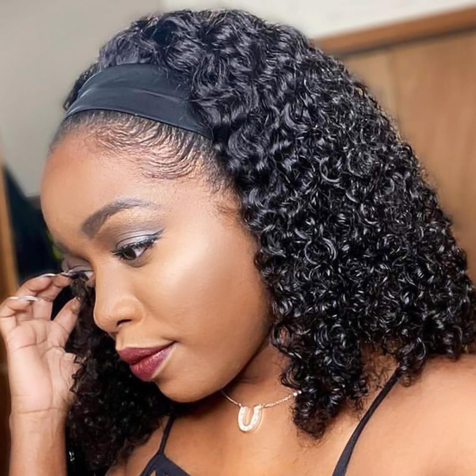 AISI QUEENS Headband Wig Human Hair For Black Women Curly Wigs Glueless Human Hair Short Curly Headband Wigs (12 Inch, Curly Hea
