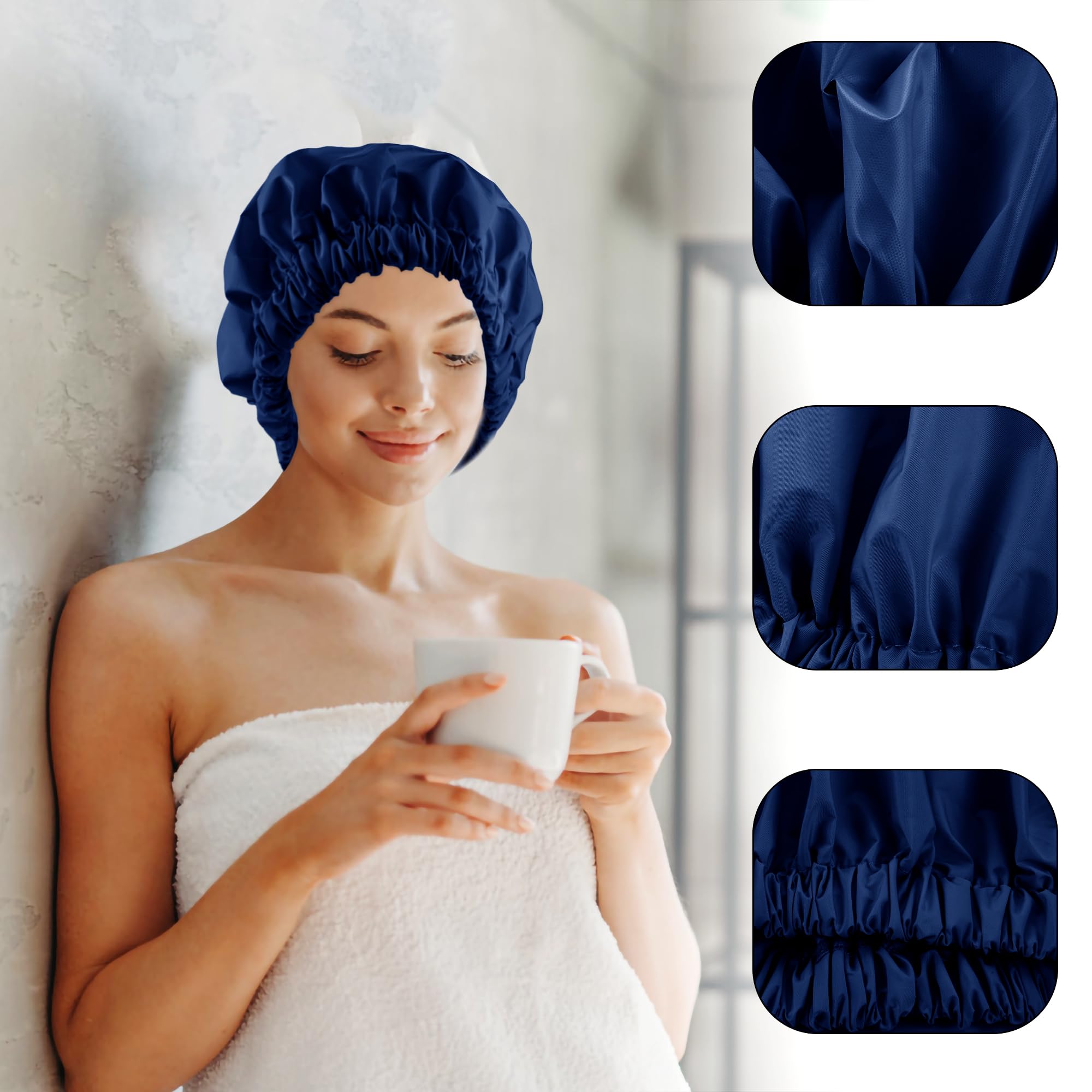 Reusable Shower Cap For Women, Large Waterproof Shower Bonnet Washable Elastic Band Bath Hair Hat For Long Hair, Braids(Navy)