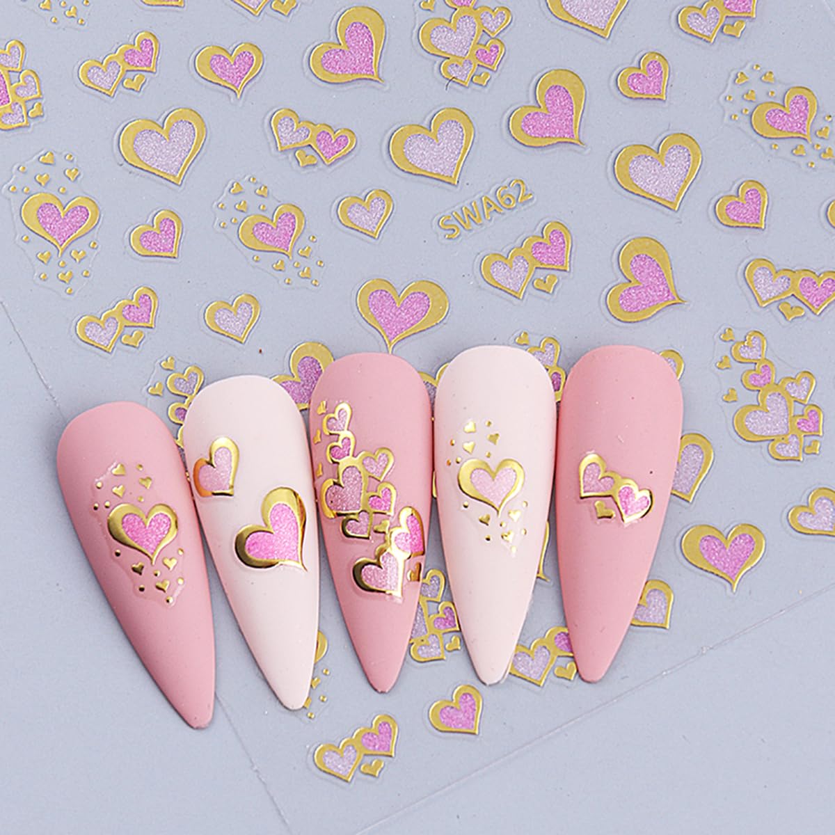 Valentine'S Day Nail Art Stickers Decals Love Heart Nail Stickers 6Pcs Golden Edge Love Heart Pattern Design 3D Self-Adhesive Na