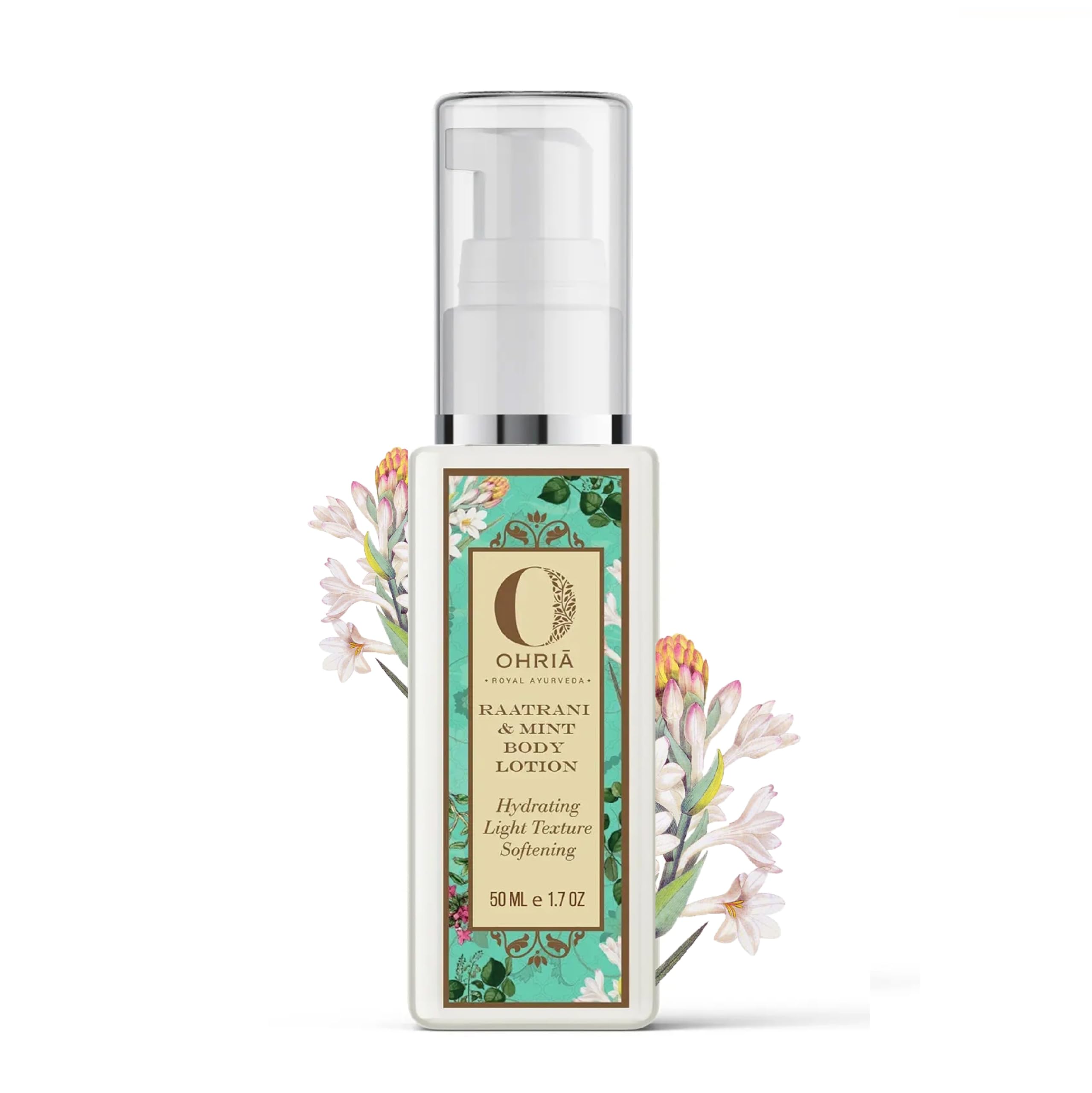 Ohria Ayurveda Raatrani & Mint Body Lotion | Hydrating, Light Texture & Softening | With Aloe Vera, Kokum Butter & Almond Oil | 