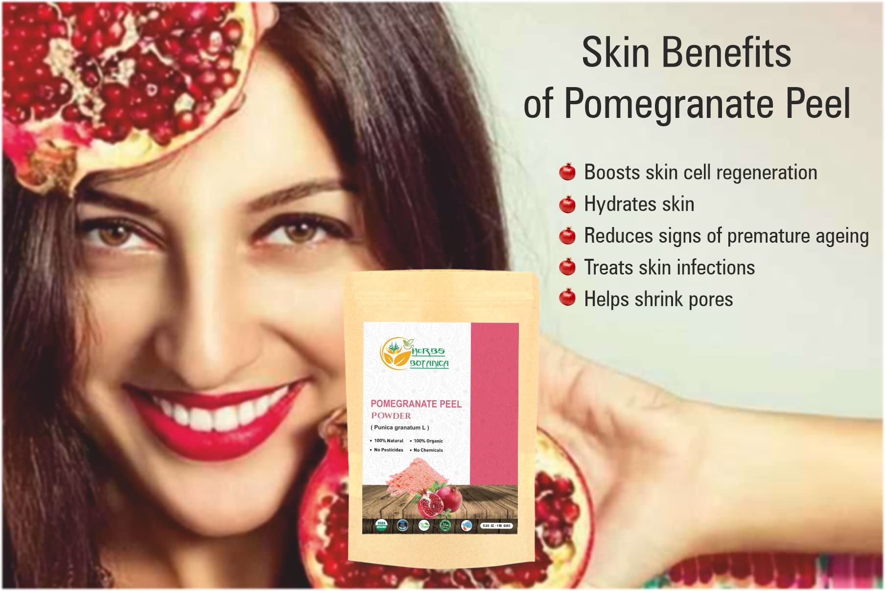 Herbs Botanica Pomegranate Peel Powder 5.3 Oz / 150 Gms, Natural Punica Granatum | Promote Youthful Skin | Gluten Free & Non Gmo