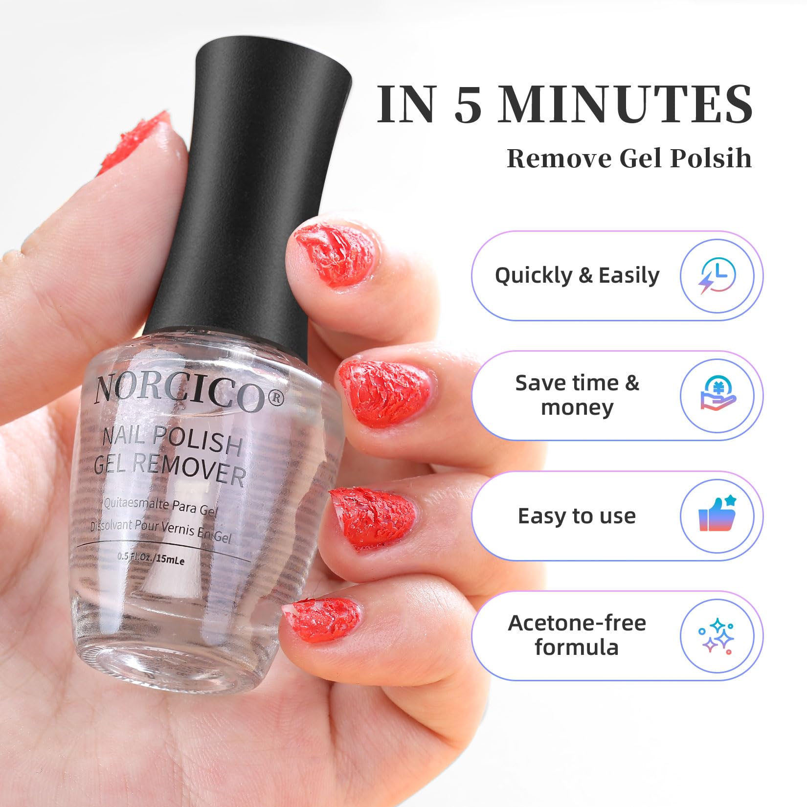 Gel Polish Remover Kit for Gel & Shellac Nails - 2-5-Minutes Fast Removal, No Soak Needed with Cuticle Pusher | Acetone-free Gel