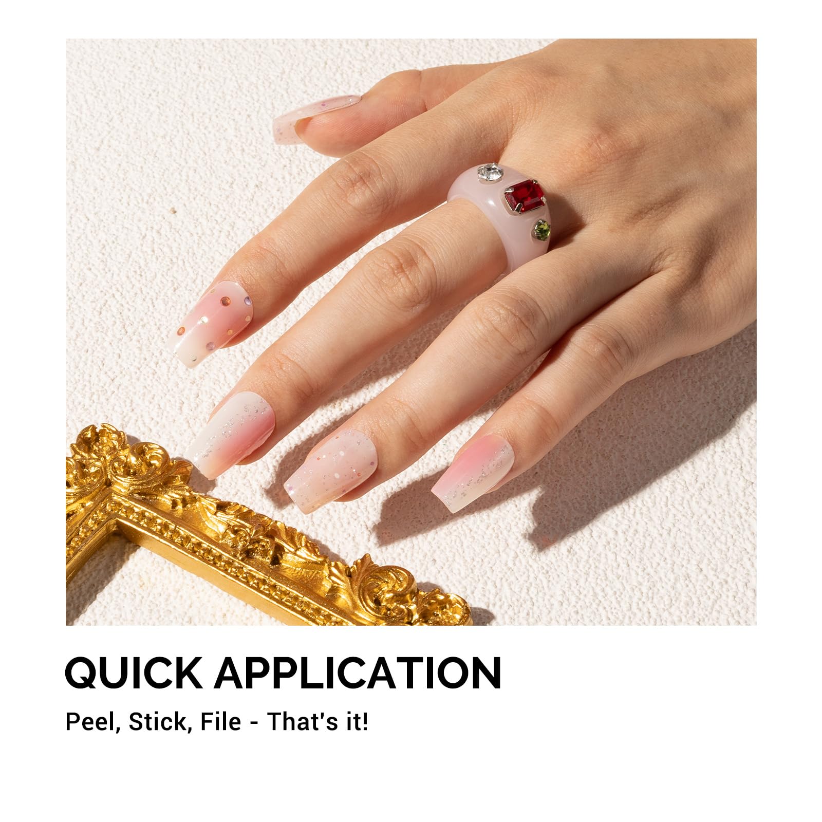 Melodysusie Qcoat Fully Cured Gel Nail Strips (Pink White Glitter) - Uv Free Nail Polish Strips, Salon-Quality, Long Lasting Gel