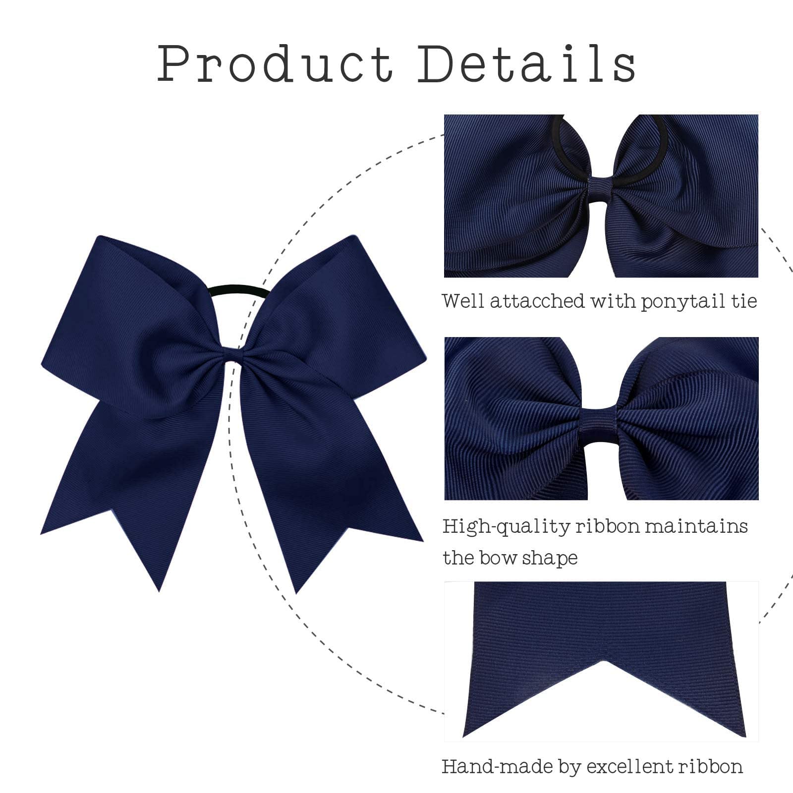 16Pcs 8 '' Large Cheer Hair Bows Ponytail Holder Elastic Band Handmade For Cheerleading Teen Girls College Sports (16 Pcs) (Navy