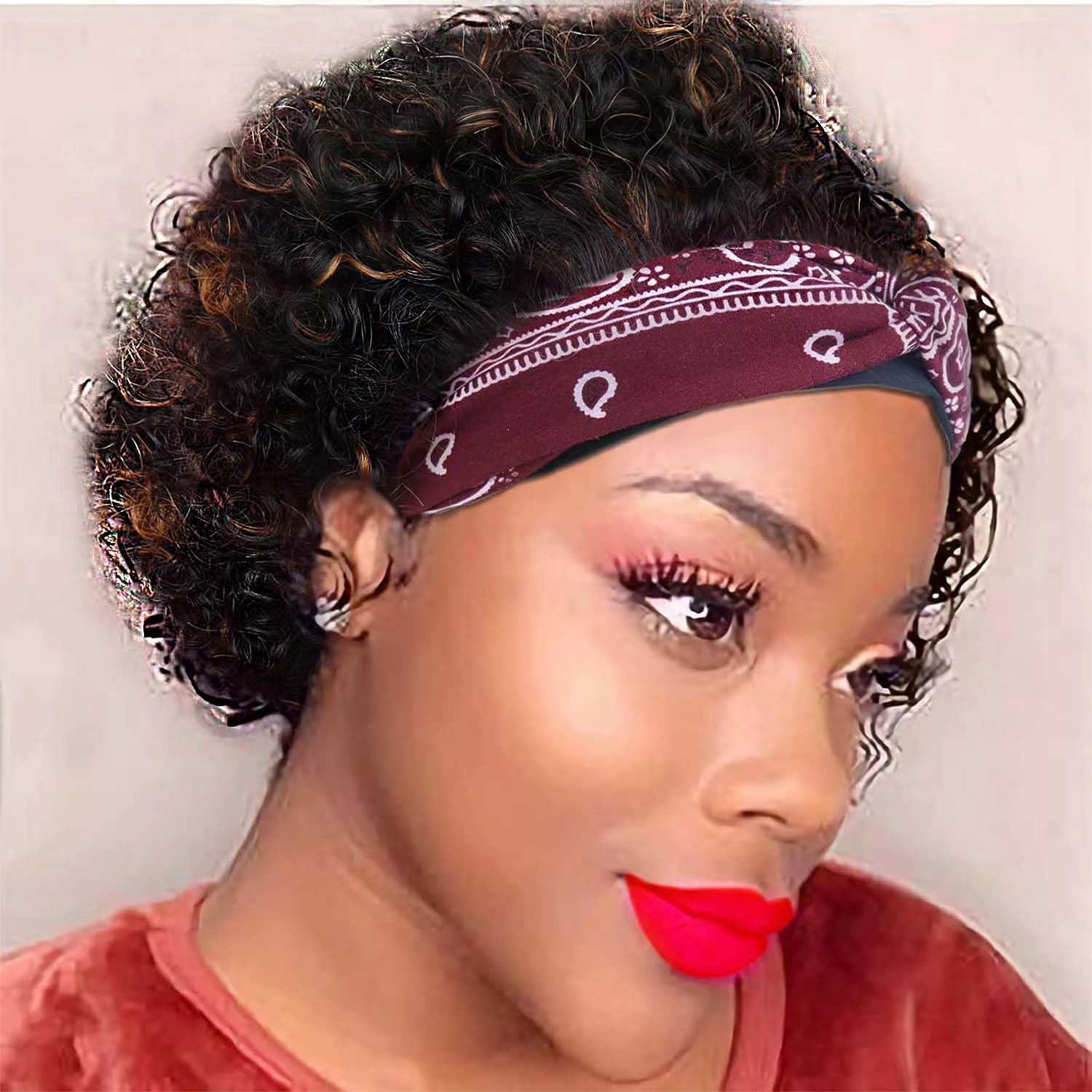 VRZ Headband Wig Human Hair Highlight Curly Short Wigs for Women Black with BROWN Similar to #30 Kinky Curly Bob Glueless Human 