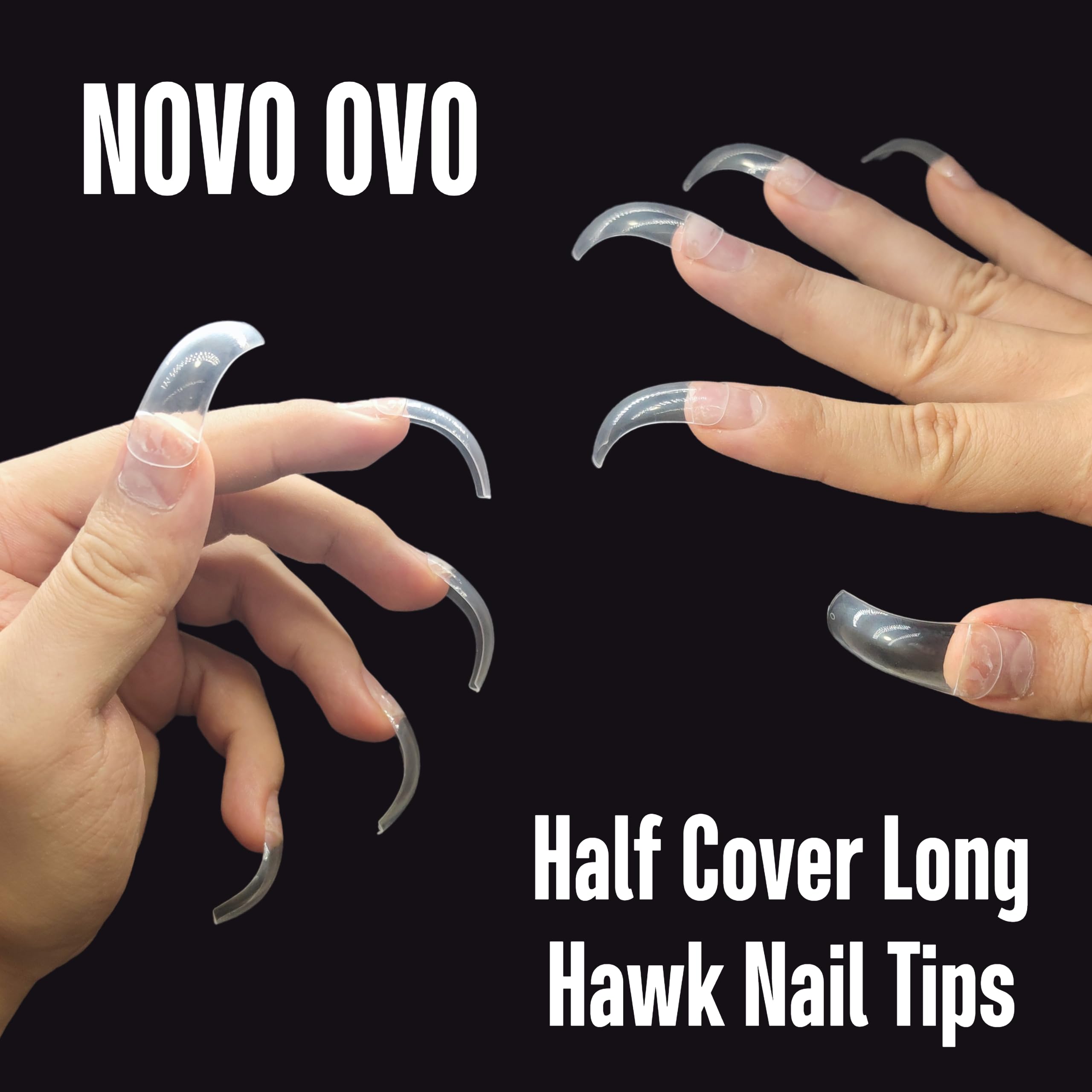 Novo Ovo 100 Pcs Long Hawk Curved Nail Tips, Clear Cystal Extra Super Extreme Deep Curve Half Cover Tapered Square Eagle Claw So
