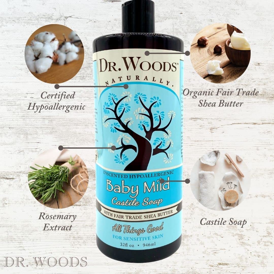 Dr. Woods Unscented Baby Mild Liquid Castile Soap with Organic Shea Butter, 32 Ounce