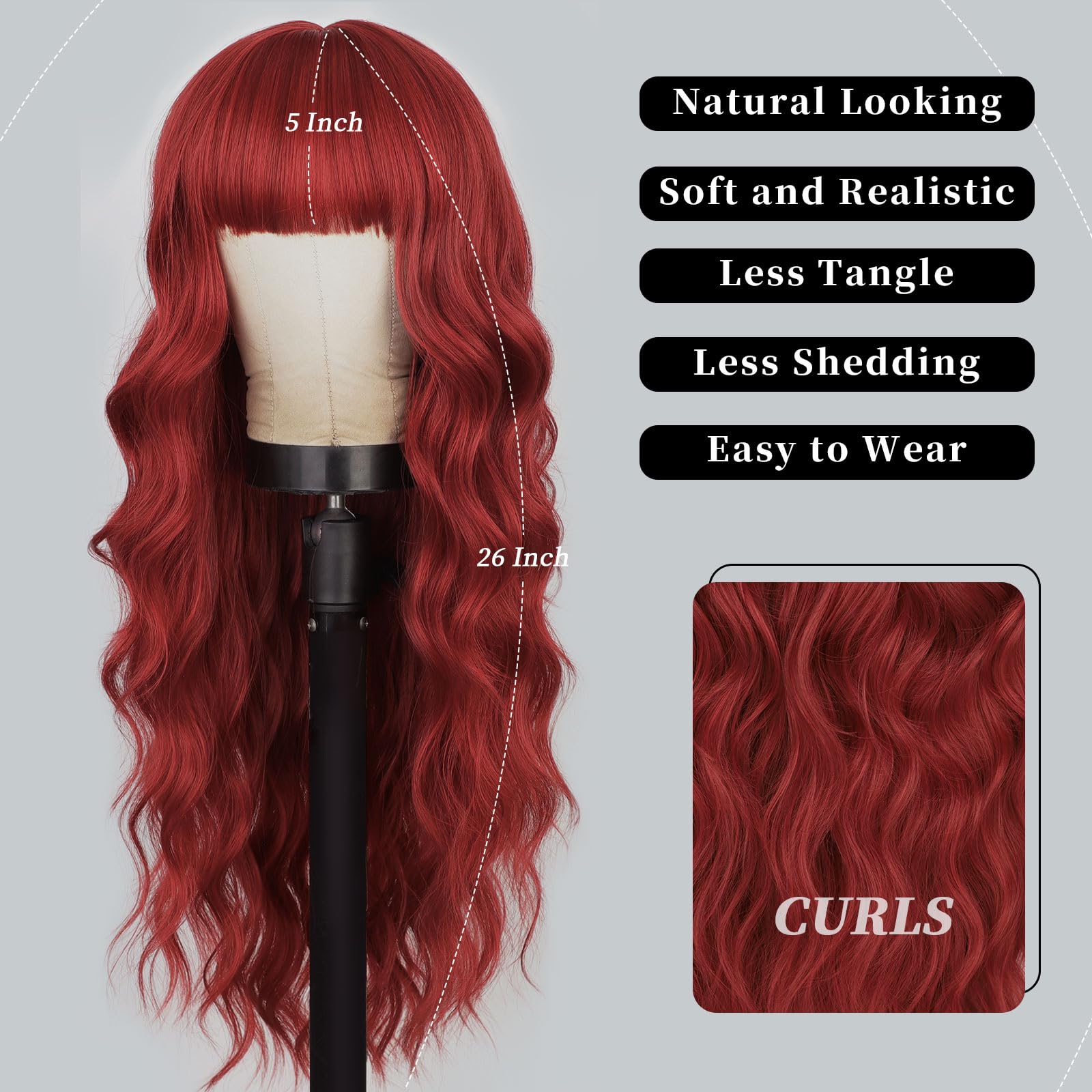Lativ Red Wig With Bangs Long Red Wigs For Women 26 Inches Curly Wavy Hair Natural Looking Heat Resistant Fiber Wig For Girls Ha