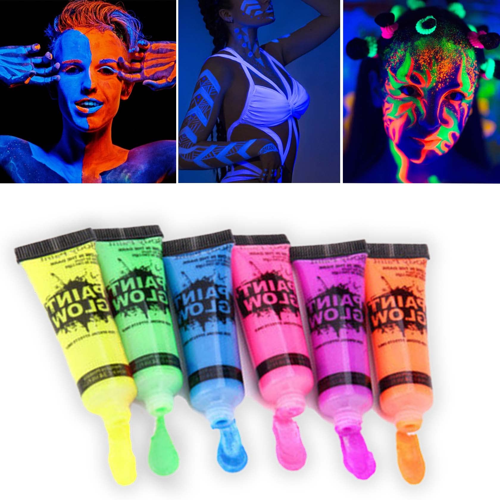 6 Pcs Glow in the Dark Body and Face Paint,Blacklight Neon Body Paints,Washable Quicker Dry Fluorescent Face & Body Makeup for P